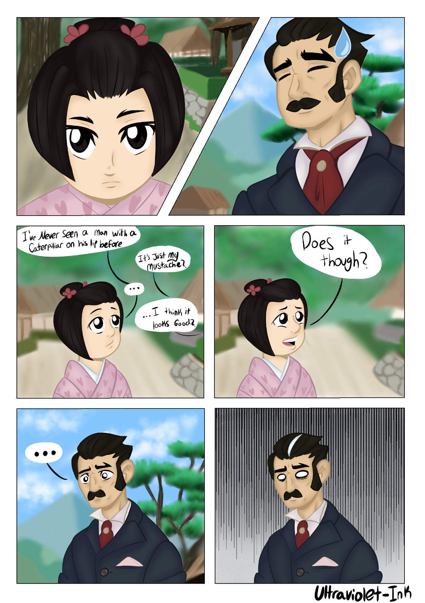 A six panel comic, read from left to right

Panel 1: a fish eye lens view of a six year old Susato staring intently upwards

Panel 2: a worm's eye view, from Susato's perspective, of Yujin. His eyes are closed and he is smiling awkwardly, an anime style giant blue sweat drop appears at the side of his head. He is sporting a mustache

Panel 3: Susato is still looking up at her father. There are four speech bubbles:
Susato: I've never seen a man with a caterpillar on his lip before
Yujin: It's just my mustache?
Susato: ...
Yujin: ... I think it looks good?

Panel 4: Susato squints, her eyebrows are scrunched together, and she looks doubtful. There is a speech bubble:
Susato: Does it though?

Panel 5: Yujin is dumbfounded, his eyes are glossy and his eyebrows are furrowed. There is a speech bubble:
Yujin: ...

Panel 6: Yujin is nearly identical to the image prior. His eyes are now white circles, in the style of anime, and he now is sporting a white streak in his black hair. A gray cloud of doom is behind him