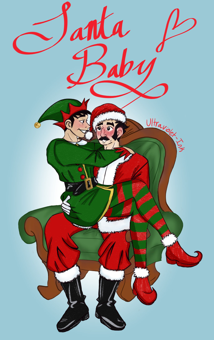 Ryuunosuke Naruhodou and Yujin Mikotoba are in front of a light blue background. Mikotoba is sitting on a green chair and is dressed as Santa Claus while Ryuunosuke is dressed as an elf. Over the pair reads, in red calligraphy, "Santa Baby" with a red heart