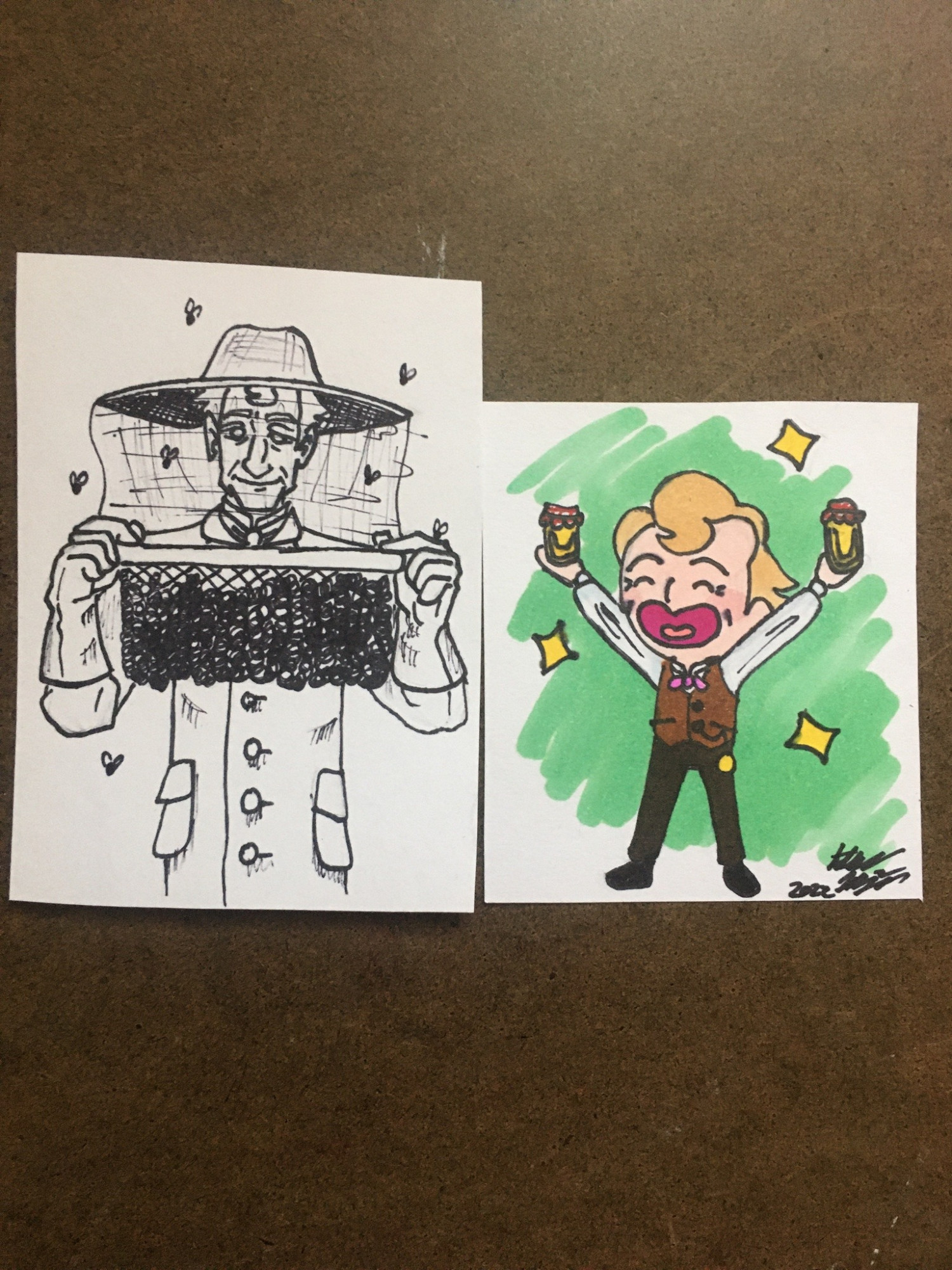 Two hand drawn pictures of Herlock Sholmes from The Great Ace Attorney. The left picture is entirely black and white. Sholmes is in beekeeping attire and is holding up a honeycomb rack as he inspects the bees. The right picture is colored. A chibi Sholmes holds up two jars of honey. He is surrounded by yellow sparkles and there is a light green background