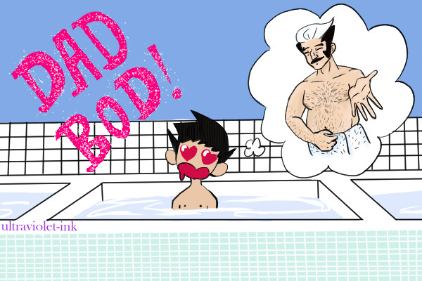 A chibi drawing of Ryuunosuke Naruhodou in a sento style bath. He has heart eyes and is drooling at the thought of Mikotoba, a middle aged man with white hair and visible body hair, clad in nothing but a towel holding his hand out to him. To the left of Ryuunosuke is "DAD BOD!" in pink writing and white sparkles