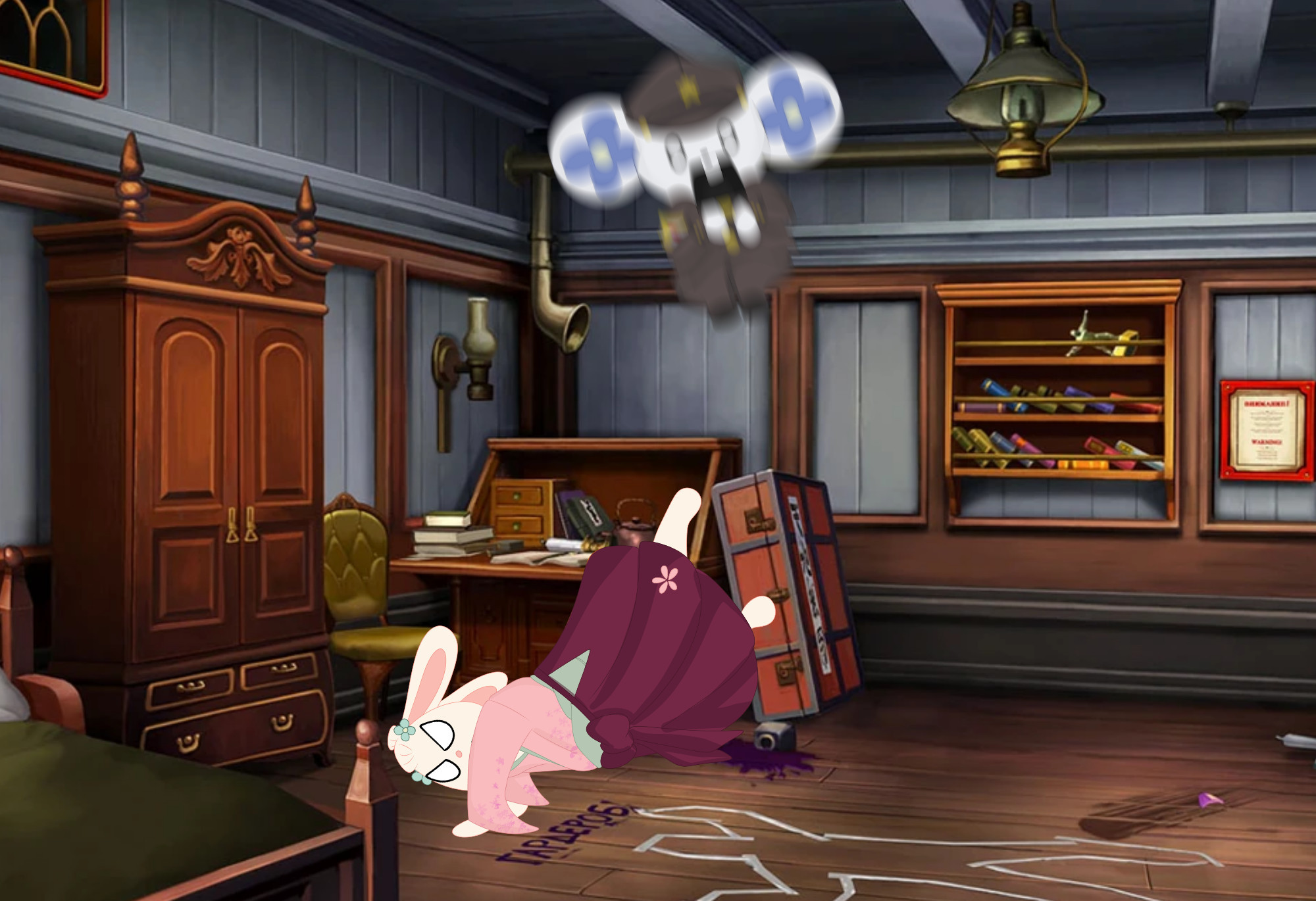 An image of the mascot versions of Ryuunosuke and Susato are in Kazuma's cabin of the SS Burya. Susato, a bunny, kicks a blurred Ryuunosuke, a mouse, up in the air