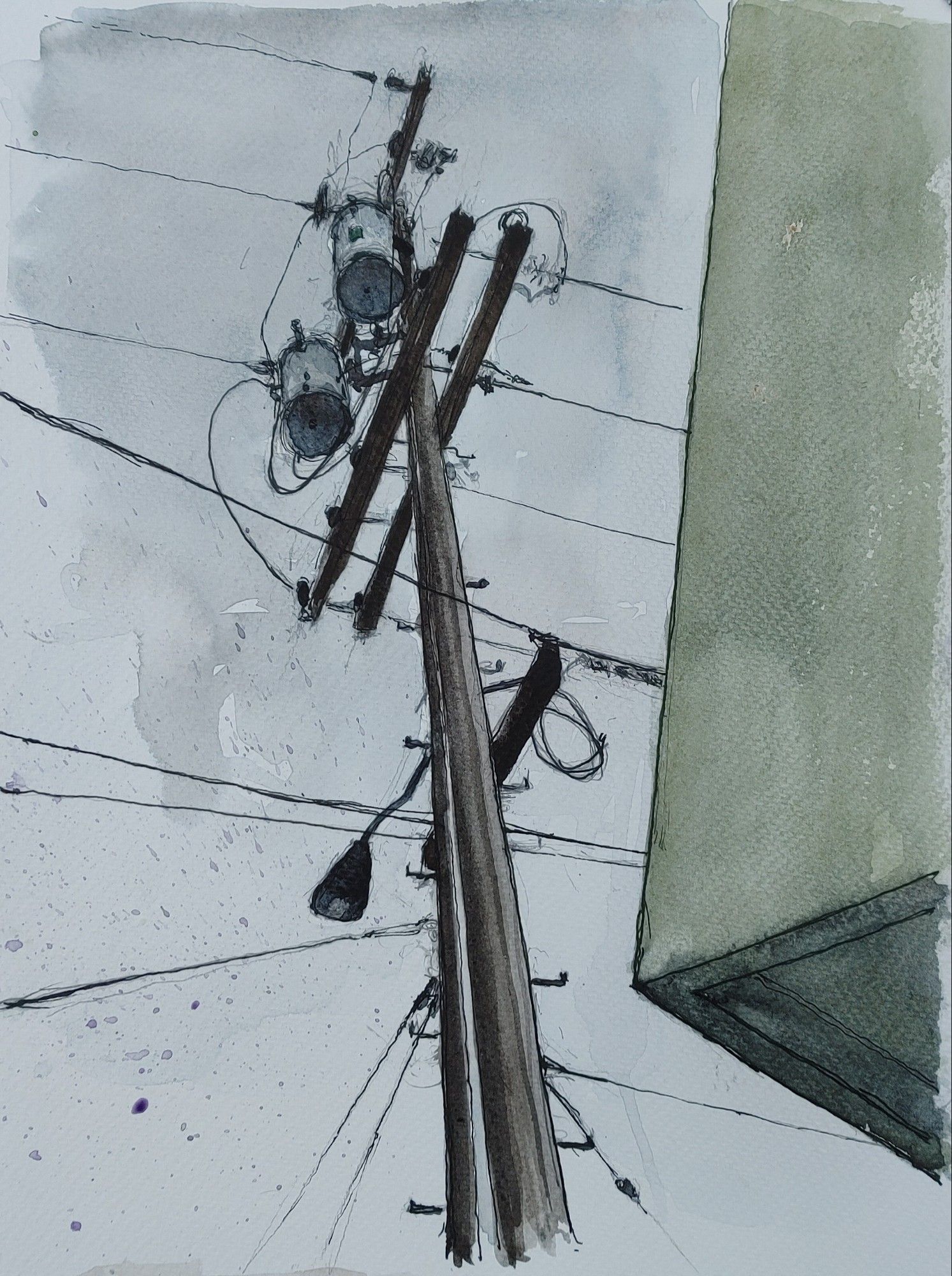 Watercolor and ink sketch: A phone pole looms against dark gray skies like a crucifix. The corner of a mid-century apartment building intrudes jarringly from the right.