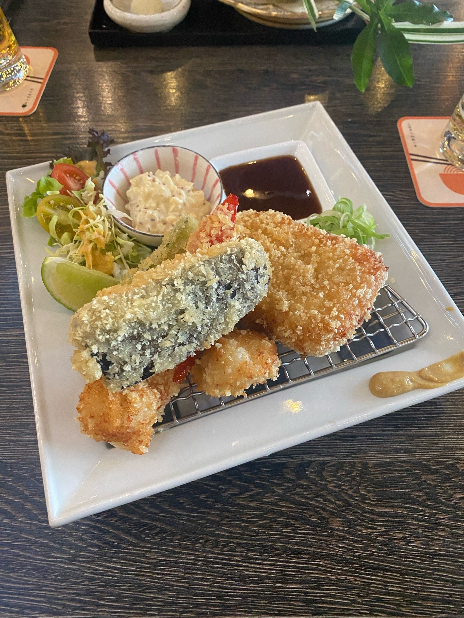 Snowcrab korokke, fried veggies and scallops