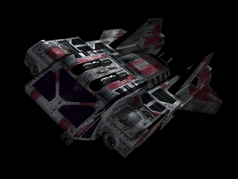 The Avenger, what appears to be a boarding shuttle with fins, heavy guns, and a tractor beam/mass driver turret between the twin engines. It is streaked in red and charmingly rustic.