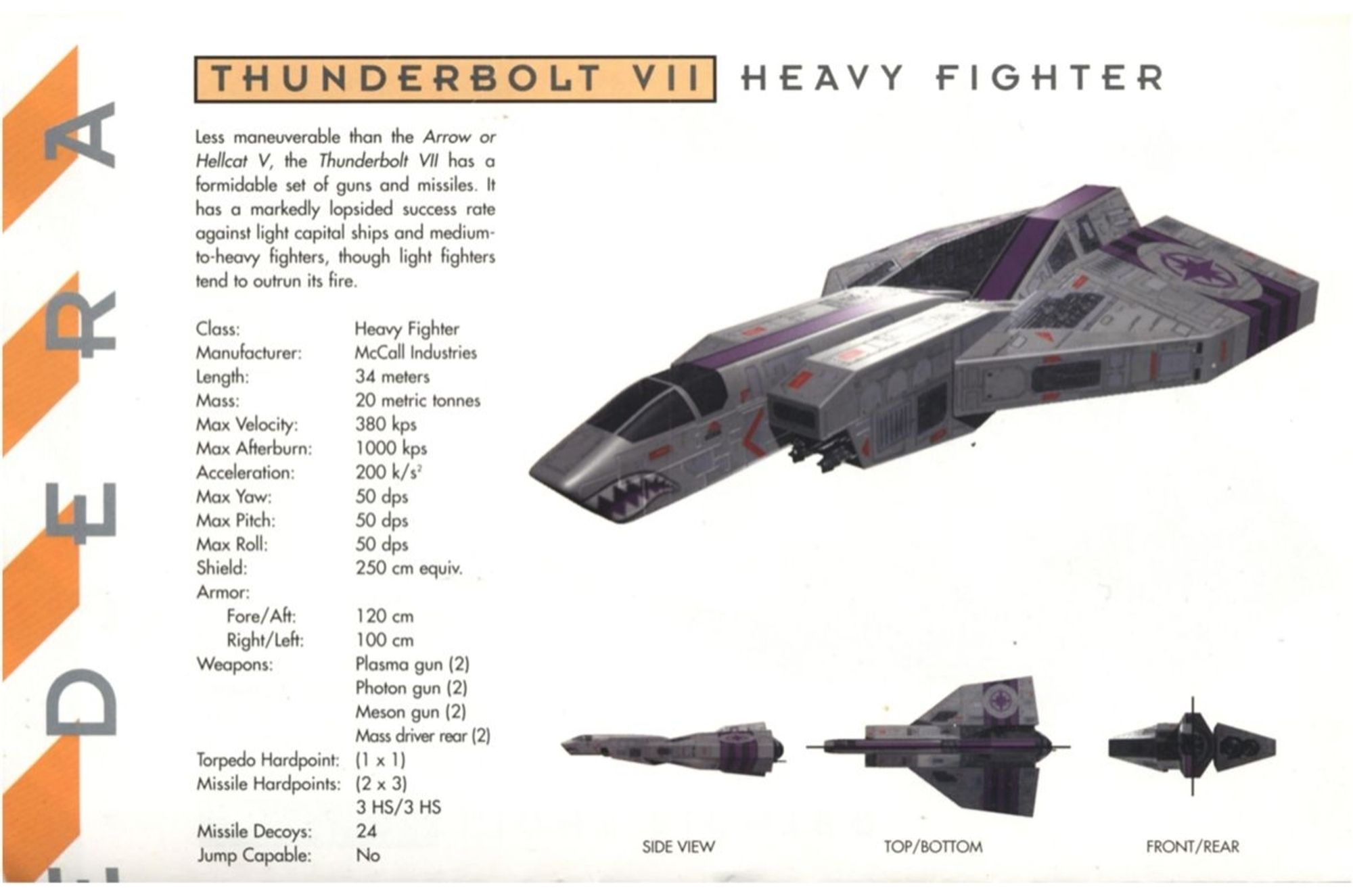 The Thunderbolt VII Heavy Fighter specs page from the Warbirds document from Wing Commander III