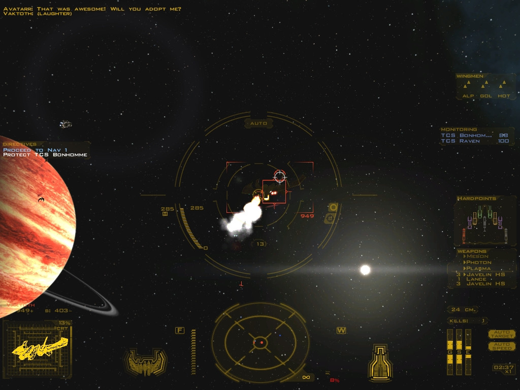 A cockpit viee, as the player's Thunderbolt gains missile lock on a Vakoth over a Jupiter-like gas giant