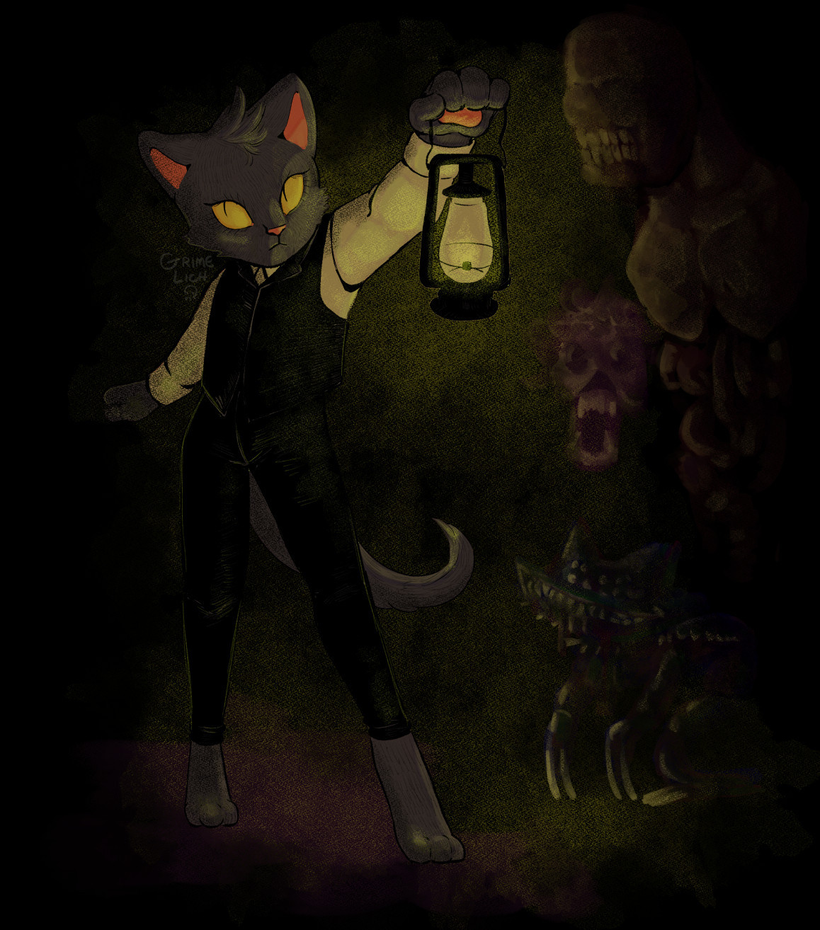 Mostly black digital painting. Left side has an anthro cat dressed dapperly looking left and holding an oil lantern to push back the darkness. Vague, horrible creatures are on the right just illuminated by the lantern glow.