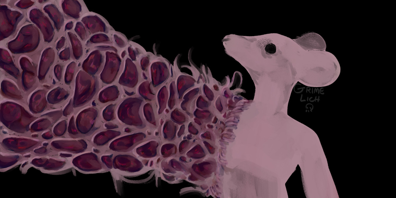 a 2:3 digital painting depicting a ratlike man on the right being absorbed by an abstract entity on the left, resembles a bleeding tooth fungus somewhat. White dotted with reddish pustules.