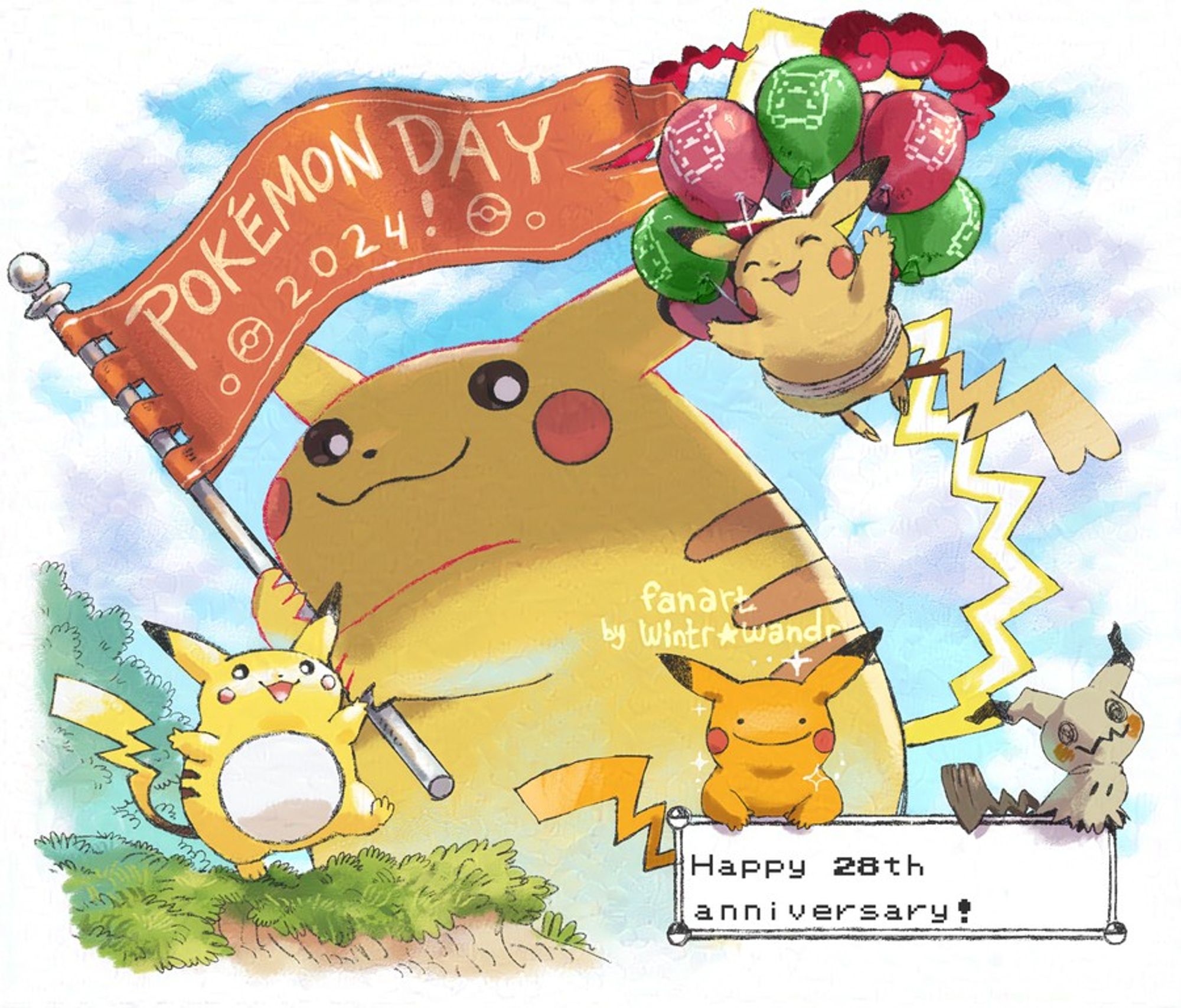 An illustration of several Pokémon. A Gigantamax Pikachu stands in the background holding a large banner that reads "Pokémon Day 2024!" A Pikachu floats with red and green balloons in the air in front of it while another Pikachu, drawn to resemble Pikachu's vintage design, stands on a grassy ledge nearby. A Mimikyu and a shiny Ditto (disguised as Pikachu) sit atop a text box in the foreground that reads "Happy 28th anniversary!"