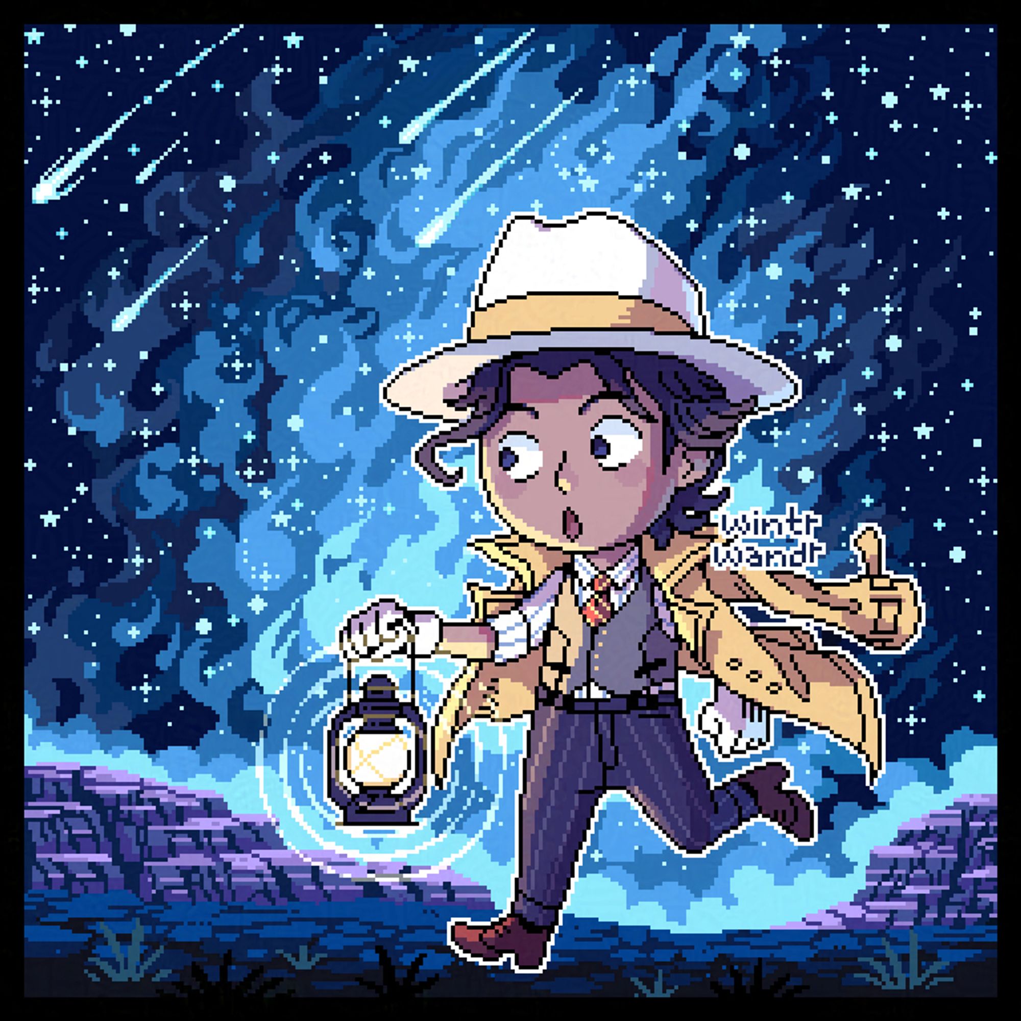 A digital illustration of Partitio from Octopath Traveler II in a pixel art style. He's carrying a hurricane lantern and sprinting across a star-filled nightscape.