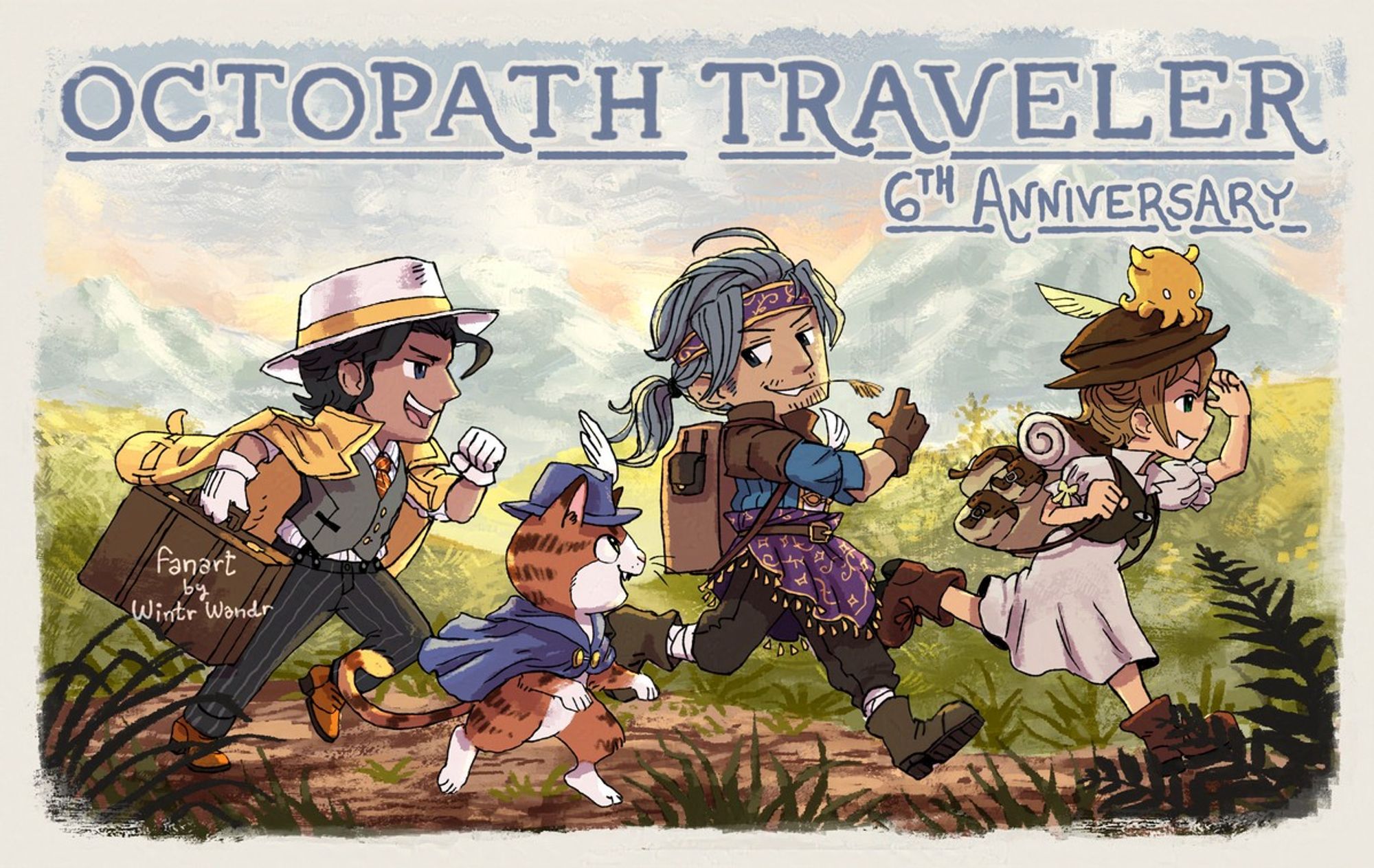 An illustration of several characters from the Octopath Traveler series. A party of four merchants runs across a grassy, mountainous landscape. Leading the party is Tressa, followed by Gilderoy, Rique, and Partitio in that order. The light of dawn is peaking over the mountain range, and across the top of the image reads "Octopath Traveler, 6th anniversary."