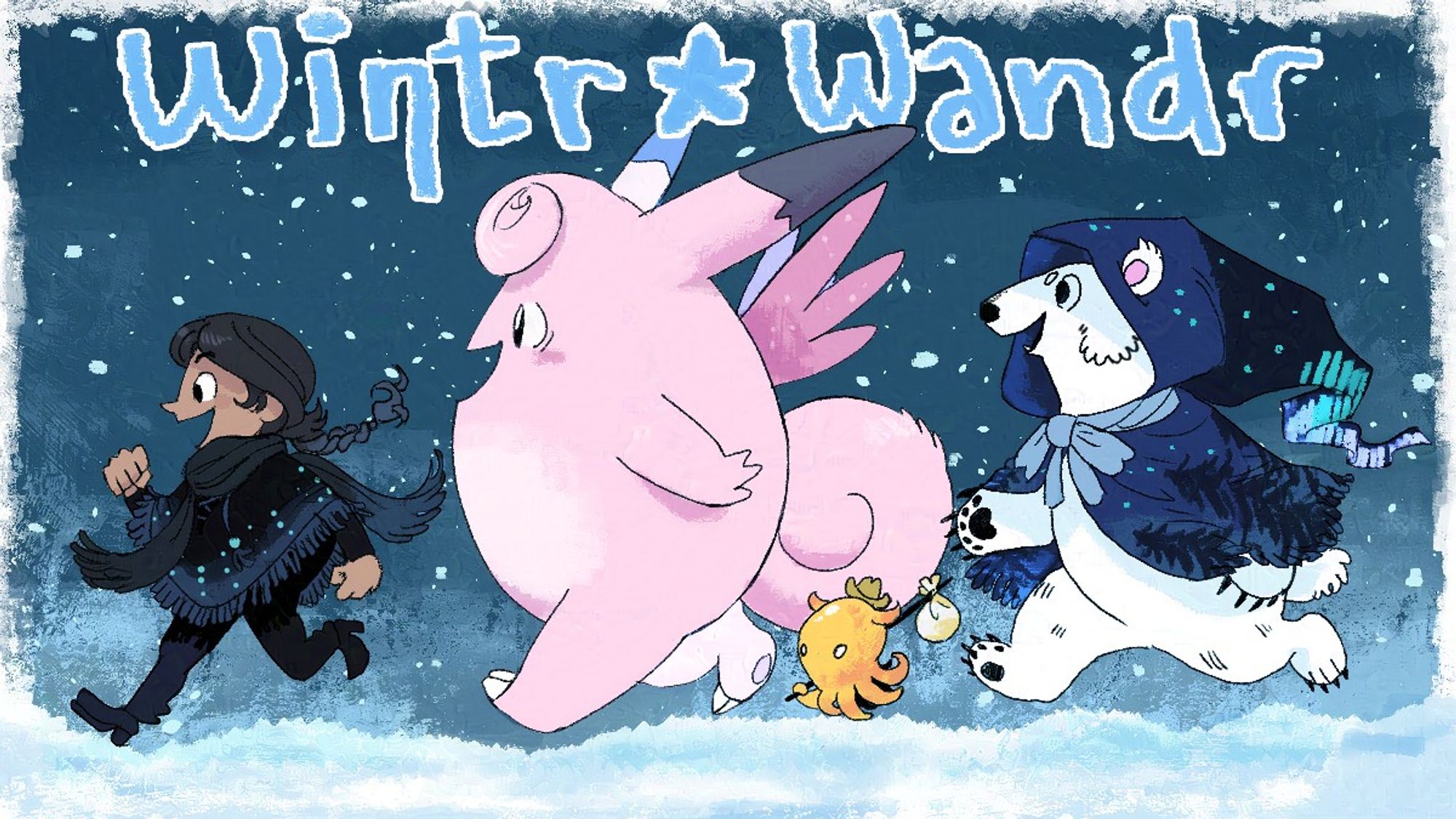 Image is a drawing consisting of four characters running together. In the lead is a person wearing a poncho with. Behind them is the Pokémon Clefable, and then an Octopuff from the Octopath Traveler series. The last character is a polar bear wearing a northern lights-themed cloak with a hood. The text at the top of the image reads "Wintr Wandr."