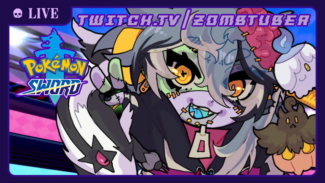 A Thumbnail of CELL with three Pokemon, Galarian Linoone, Pumpkaboo, and Litwick. The Pokemon Sword start screen is in the background, while the Pokemon Sword logo is in the front.

There is a border around the image that says "LIVE", next to the border is the link to CELL's Twitch channel "https://twitch.tv/zombtuber".