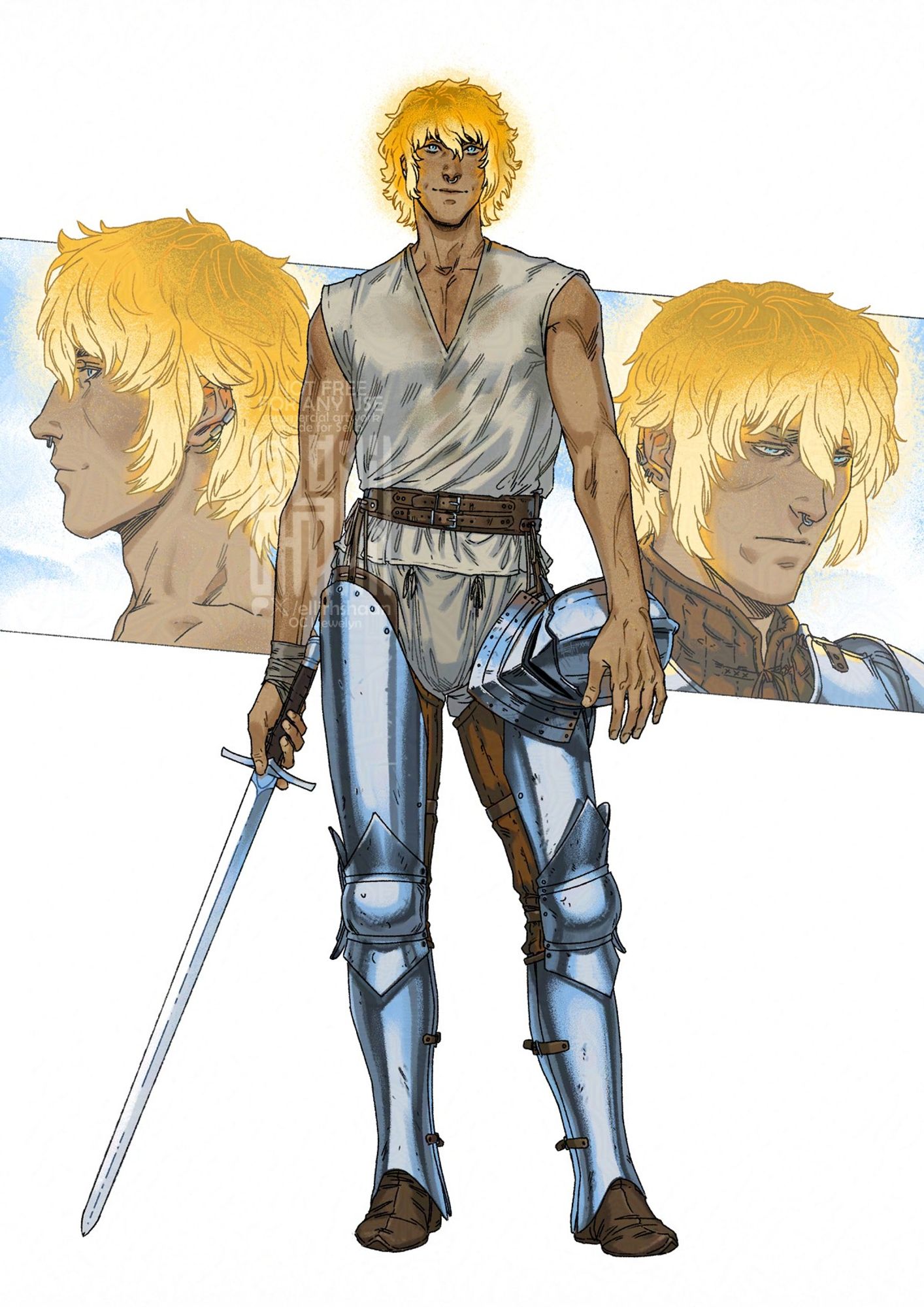 Design artwork of a young male character standing in a relaxed pose and holding a sword and a helmet. He's smiling and has a golden blond hair which are shining like sunlight and enlightening his face. He wears a tunic which looks a bit wet after a training, plate cuisses. Two portraits on the background show his face in profile and 3/4 with calm and sad emotions.