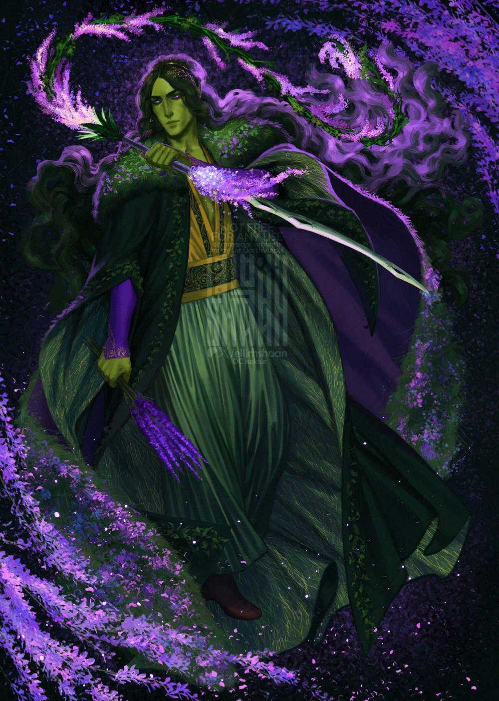 A picture of a male eldarin Iseldur spiring form: he has a green skin, purple glowing eyes and long curly dark-green hair. His clothes look like a long green mantle decorated with leaves, the cape is covered by a fres green grass and small purple flowers. He holds a sword decorated with wisteria flowers in his left hand and a bouquet of lavender in the right hand.