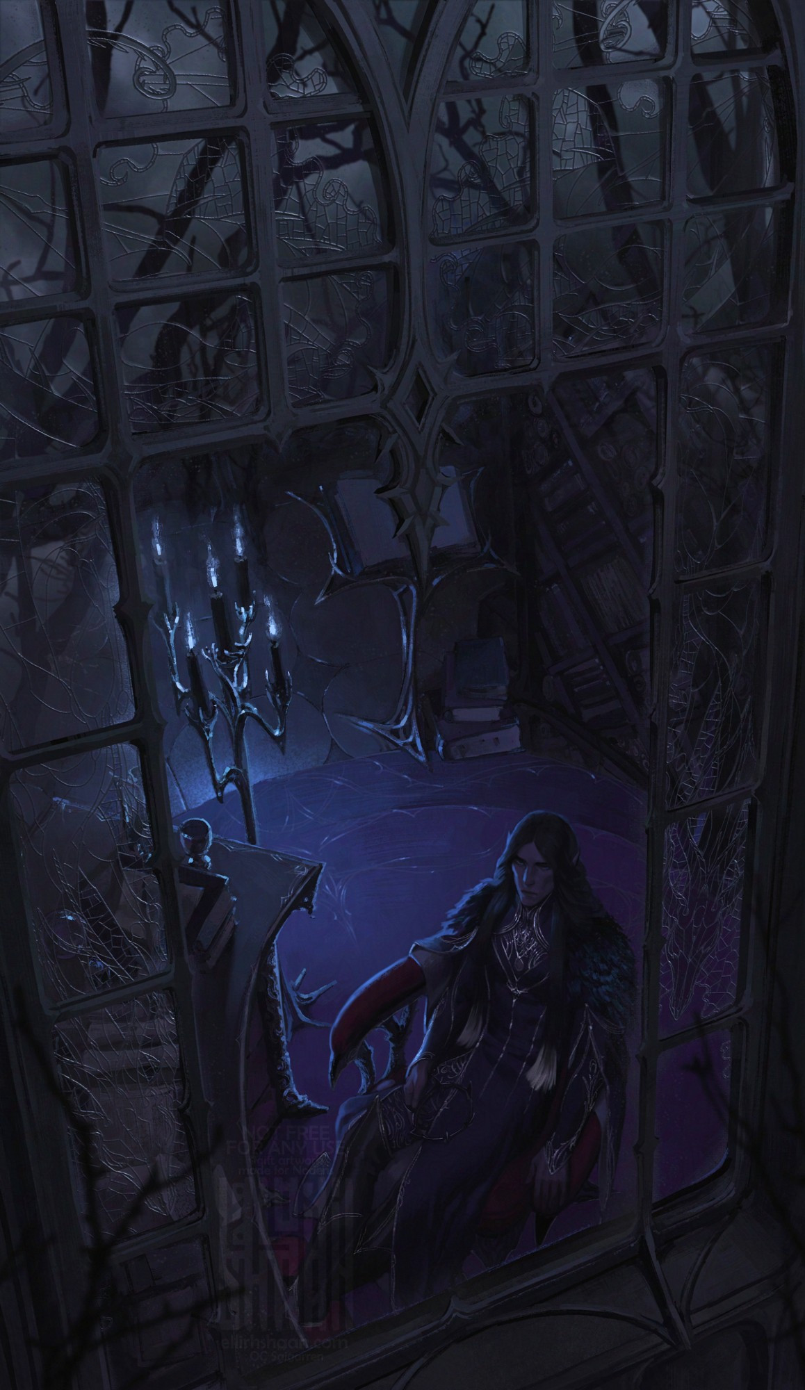 Art of a noble dark skinned elf sits close to the big gothic window and looks through it wistfully and sadly. He has a long black hair, dressed in black mantle with black iridescent feathers on the shoulders. His room is dark, a bit highlighted by blue candles. The upper part of the window reflects gloomy stormy skies and black leaveless trees.