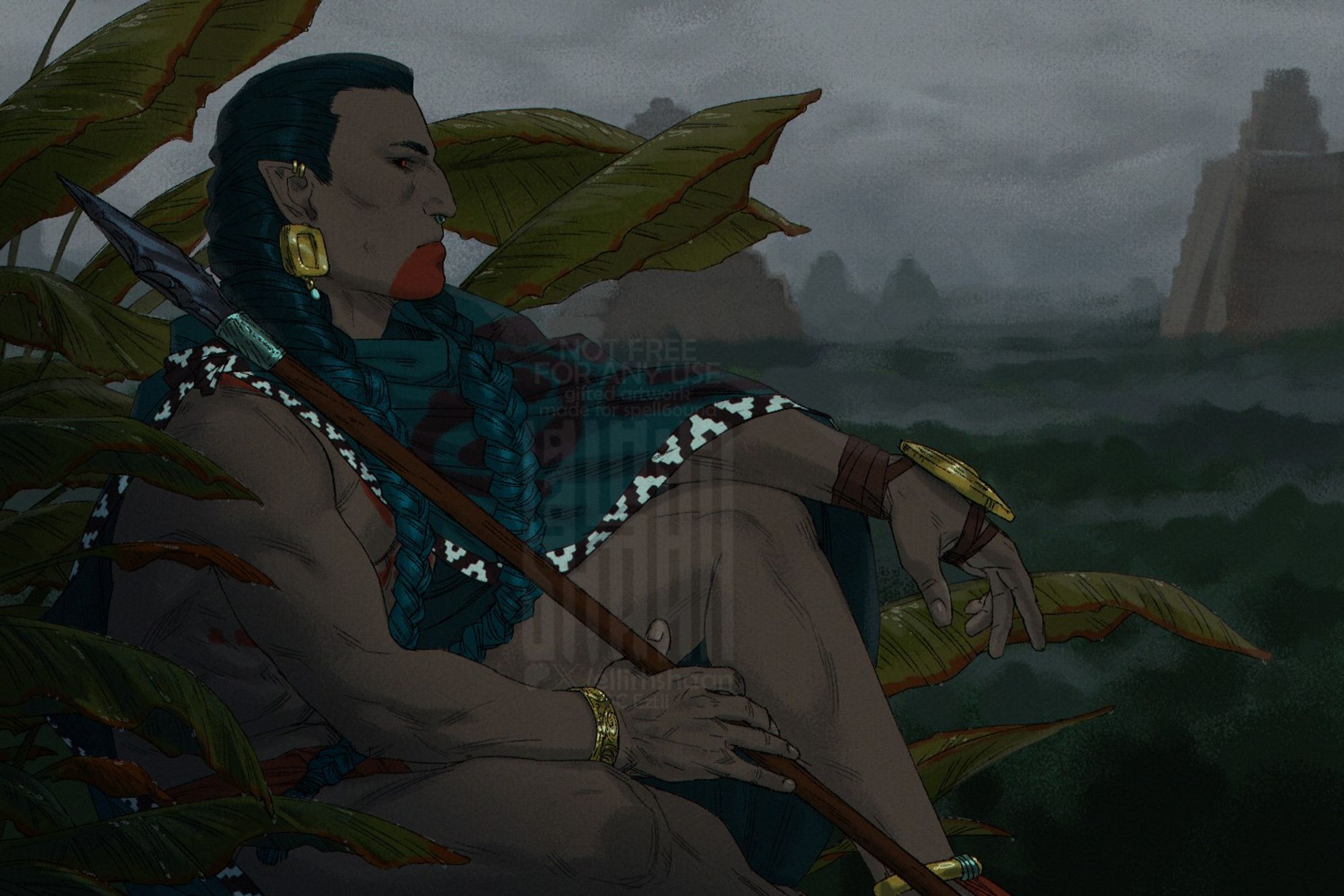 Dhampir man sitting under big wet leaves and carries an obsidian spear at his shoulder. He wears Mayan-inspired cape, belt, tattoos and jewelry. On the background there are rainforest, several Mayan temples and heavy grey skies. Seems there was a rain recently.