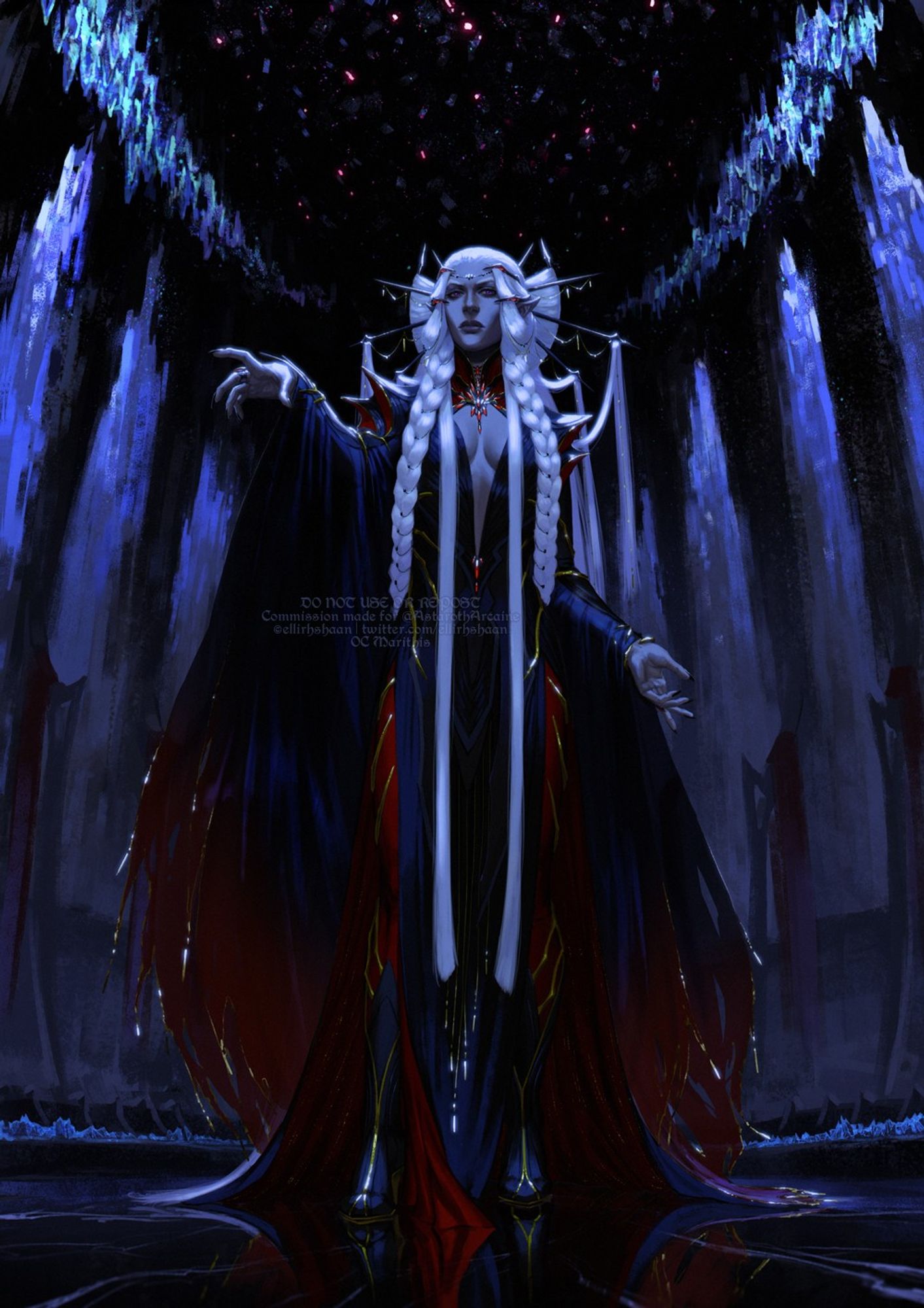 artwork of a drow female character in regal clothes. She stands straight and looks at bit angrily to the viewer, raising her hand to order to kneel. Drow Queen dressed in dark-blue and red dress, has a bit torn but fancy cape and spiky crown. Her hair are done in a complicated hairstyle with multiple locks and braids.