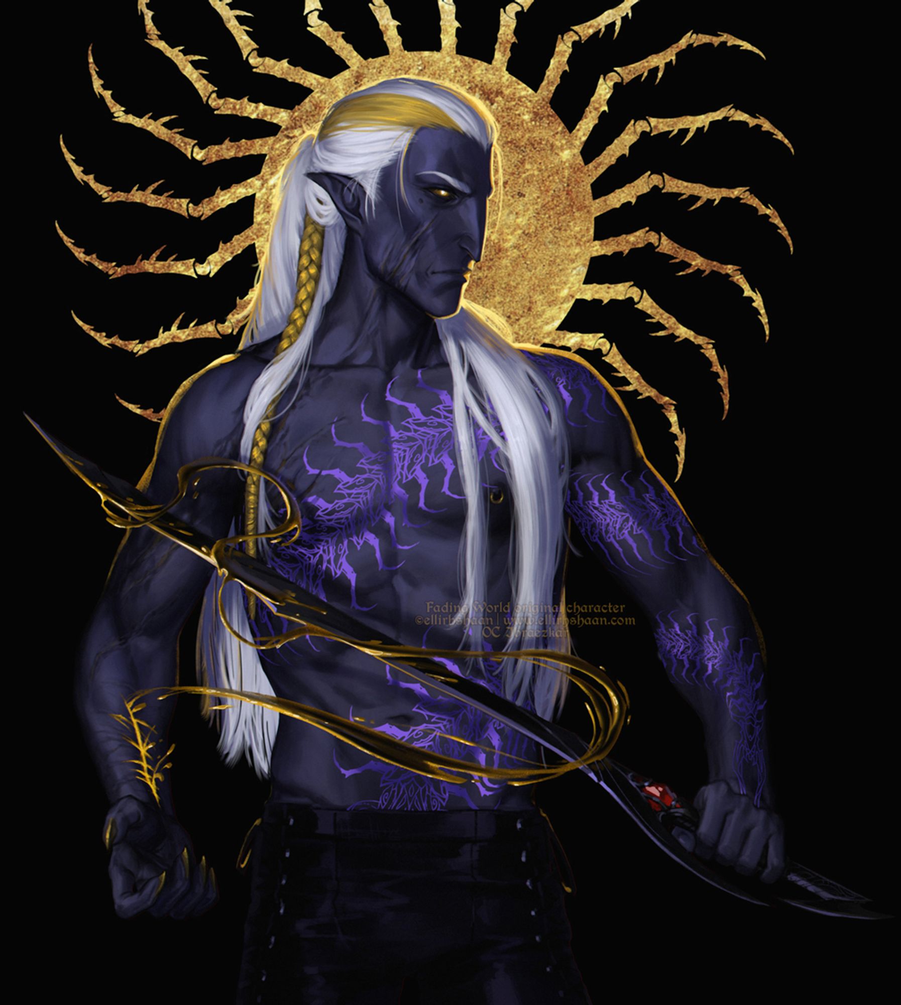 an artwork of my original character Ibraezkar. He stands in a bit tense pose, watching his left and holding a sword in the left hand. He has a dar-violet skin, golder glowing eyes and long white hair with a golden lock. He's shirtless and demonstrating (by author's will, lol) the scars which go through his right cheekbone and chest to the right hand. He also has a long and big tattoo of a centipede which wraps around his left hand and the whole torso.