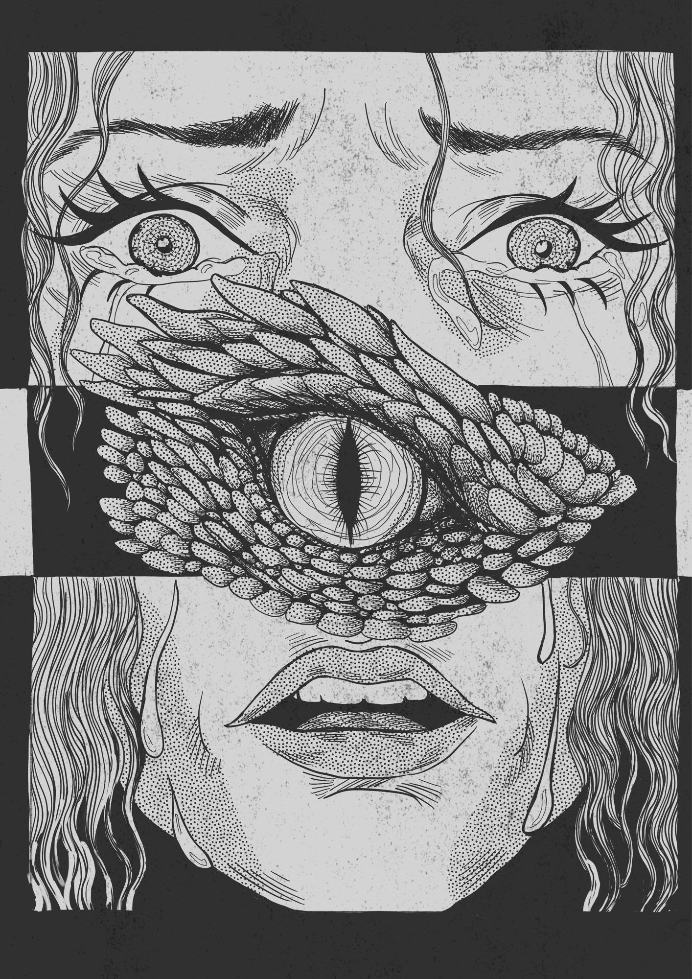 A woman’s face in fear and a dragons eye