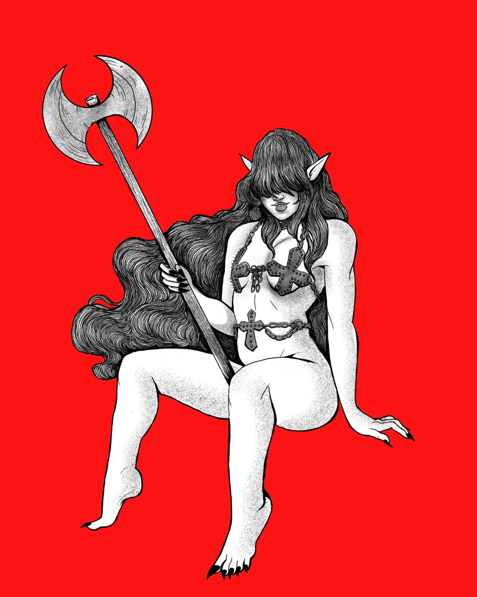 Digital drawing of an elf babe wearing a chainsofmetal bikini, holding an axe, on a red background