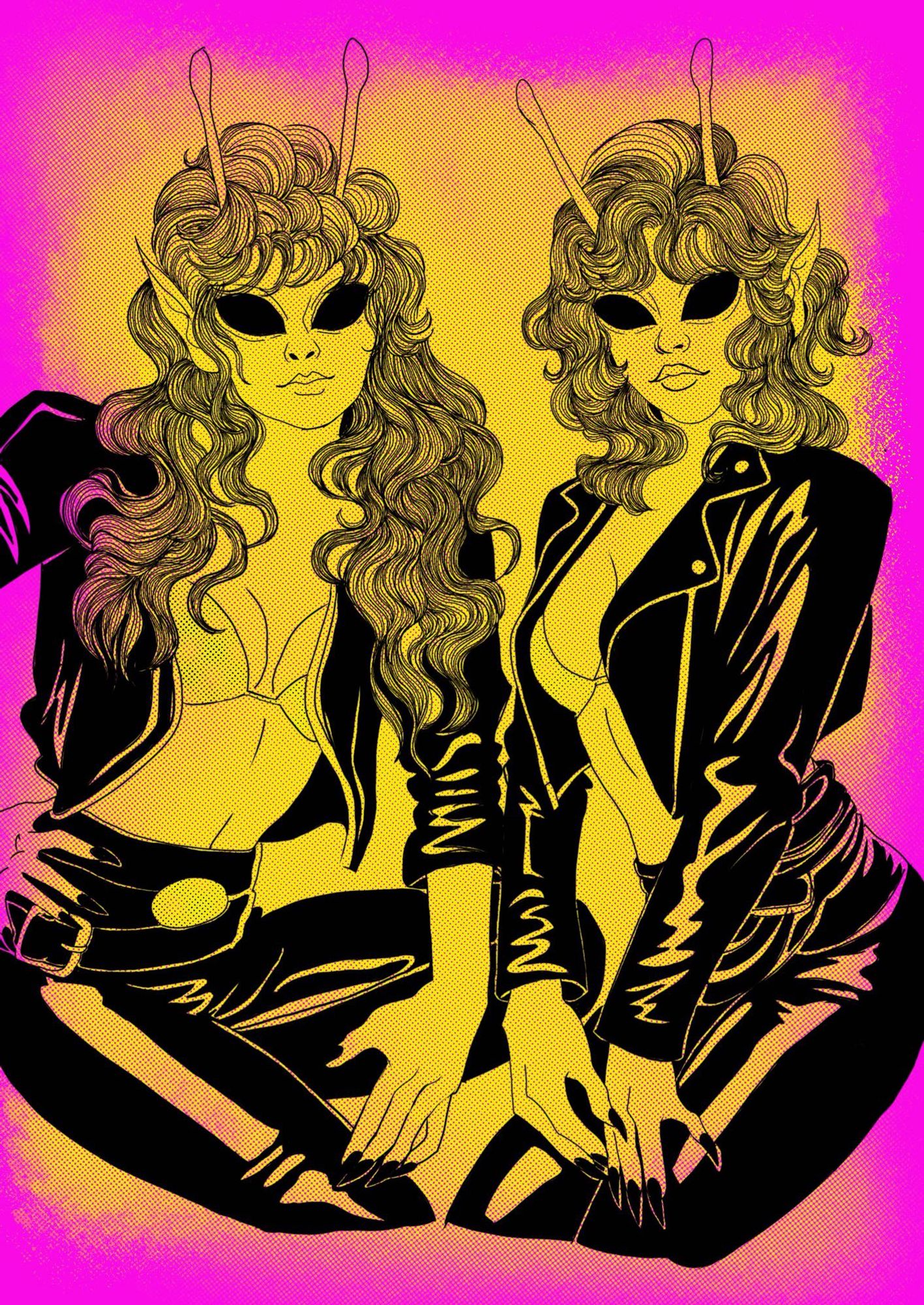 Drawing of Two alien babes in leather being bad as hell