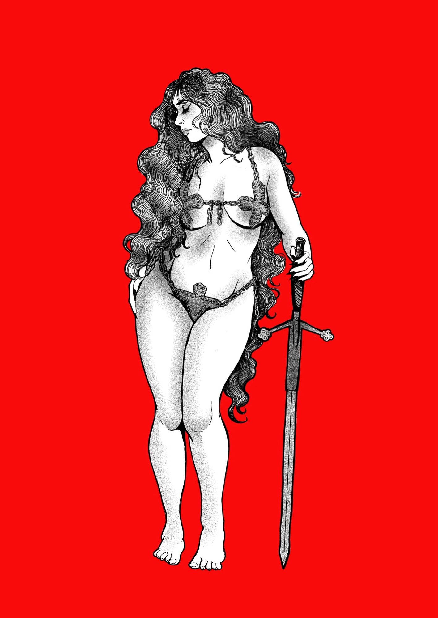 Drawing of a woman standing in a metal bikini holding a sword at her side