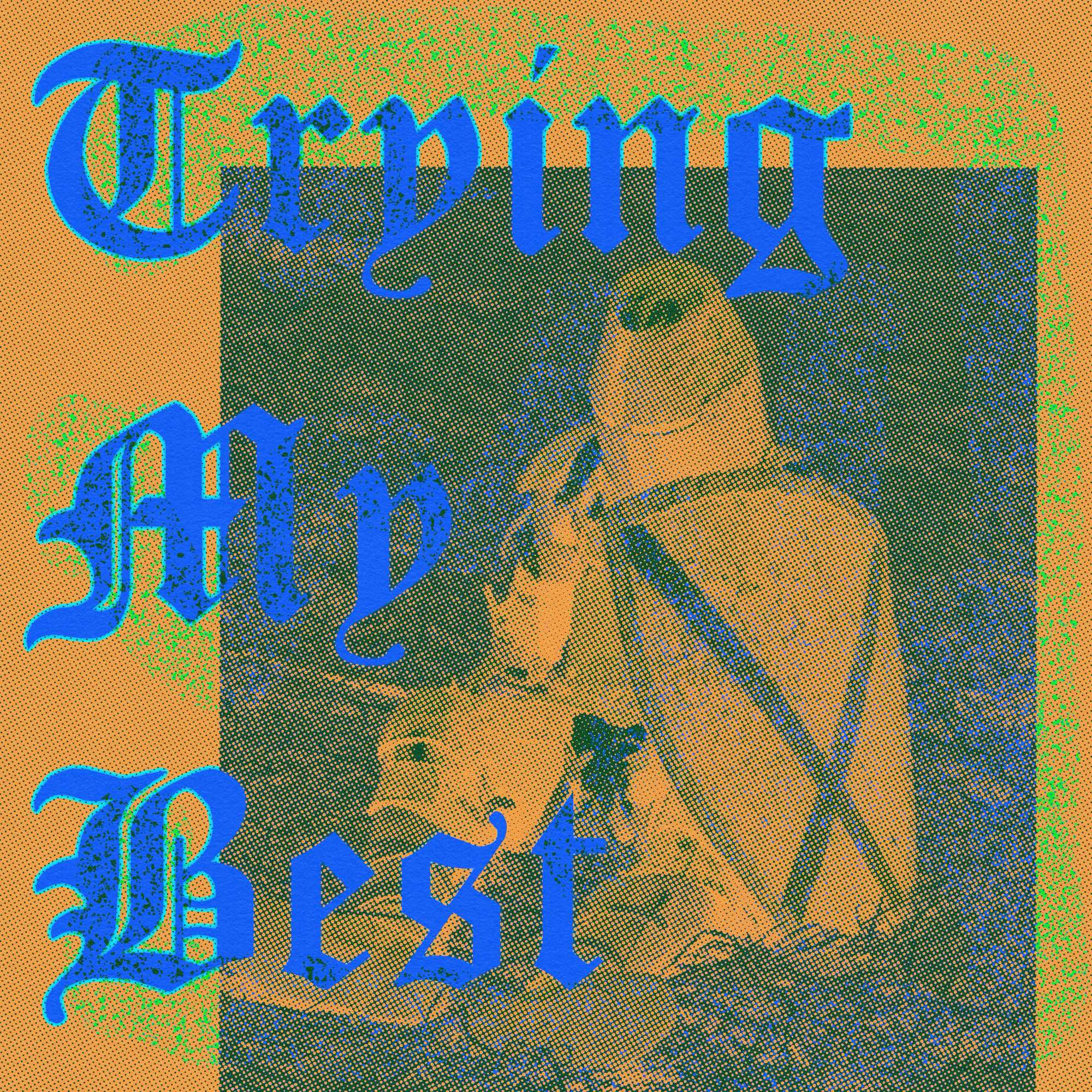 Negative image of a sad looking knight with a shield sitting in A field with gothic text over it “trying my best”