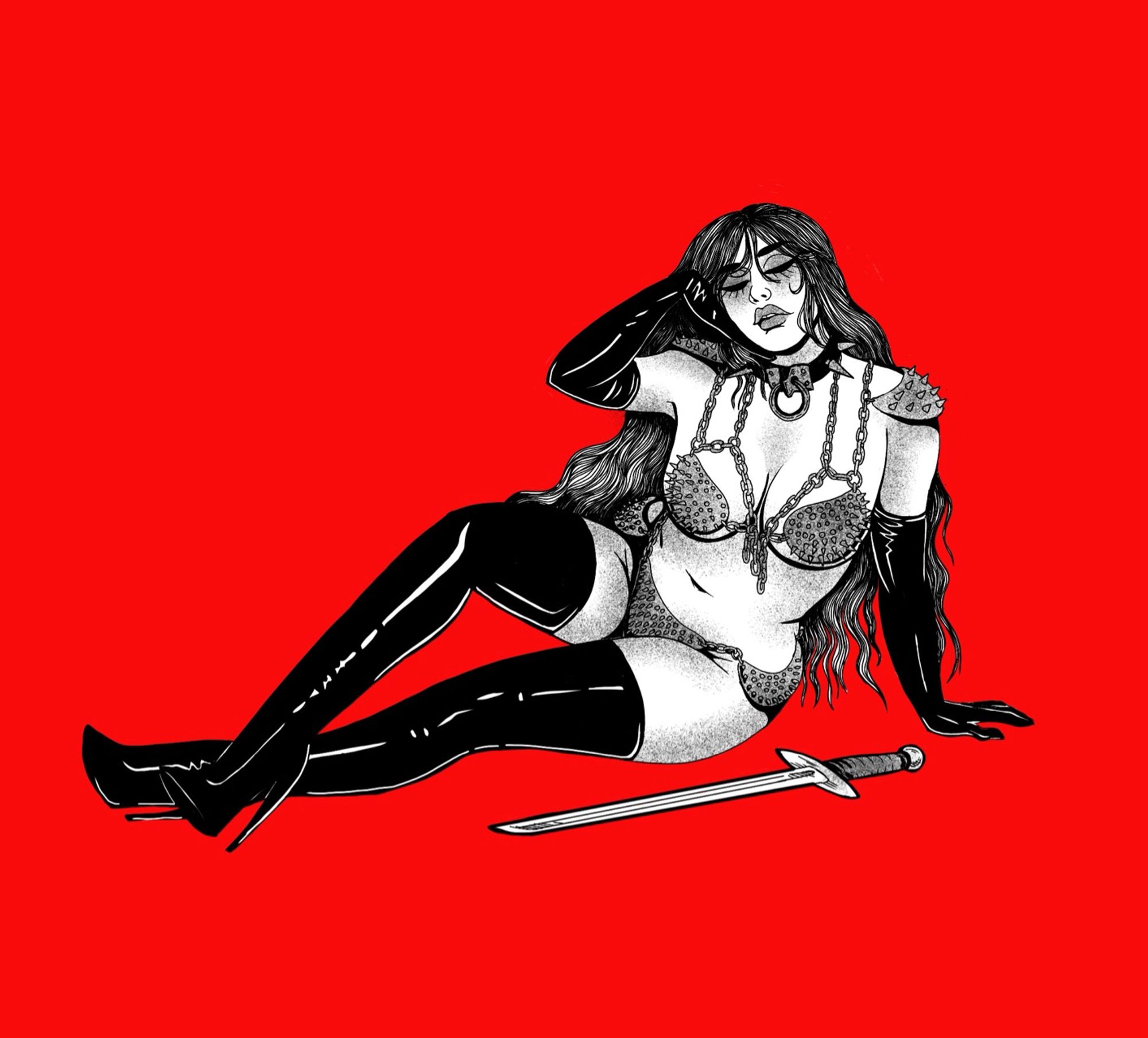 Drawing of a woman wearing a metal bikini and a spiked collar, thigh high leather boots and leather gloves. She has a sword next to her.