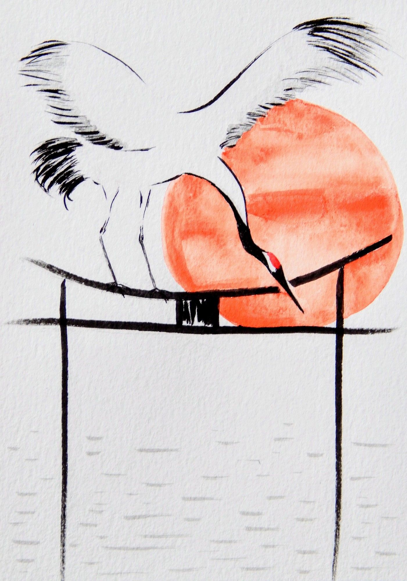 A brush pen drawing of a red-crowned crane perched on top of a torii gate with its wings outstretched and looking down. Water is on the bottom, and a large orange sun is on the top right. Drawn by me.