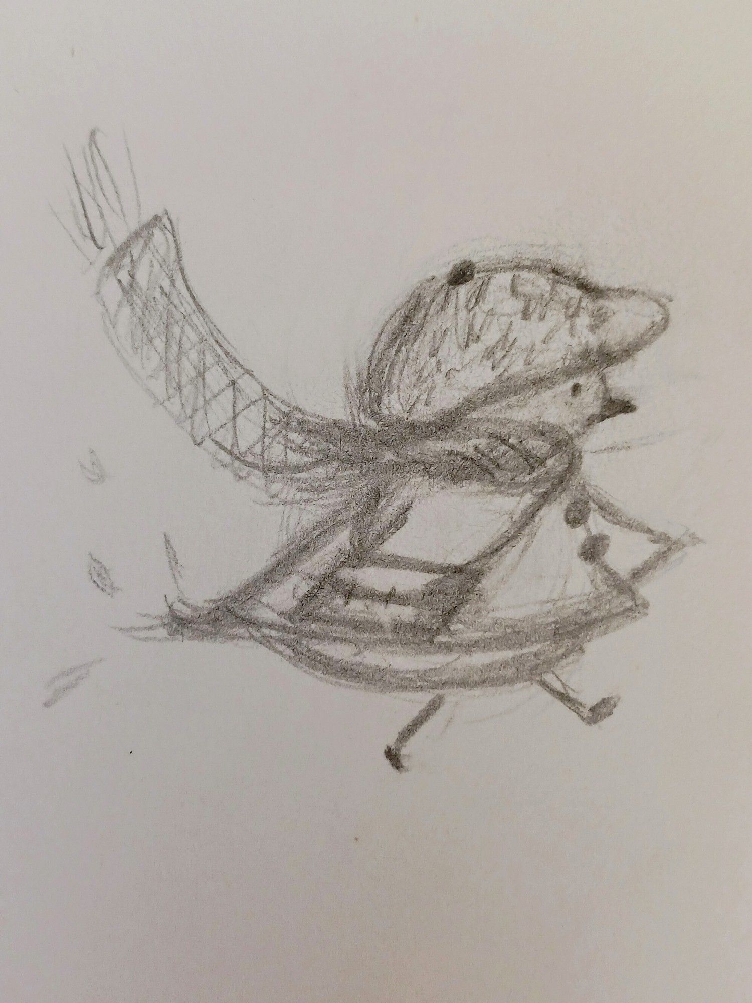 A pencil sketch of a bird wearing a newsboy cap, coat, sweater, and satchel. He's in mid-stride, with shedding tailfeathers.