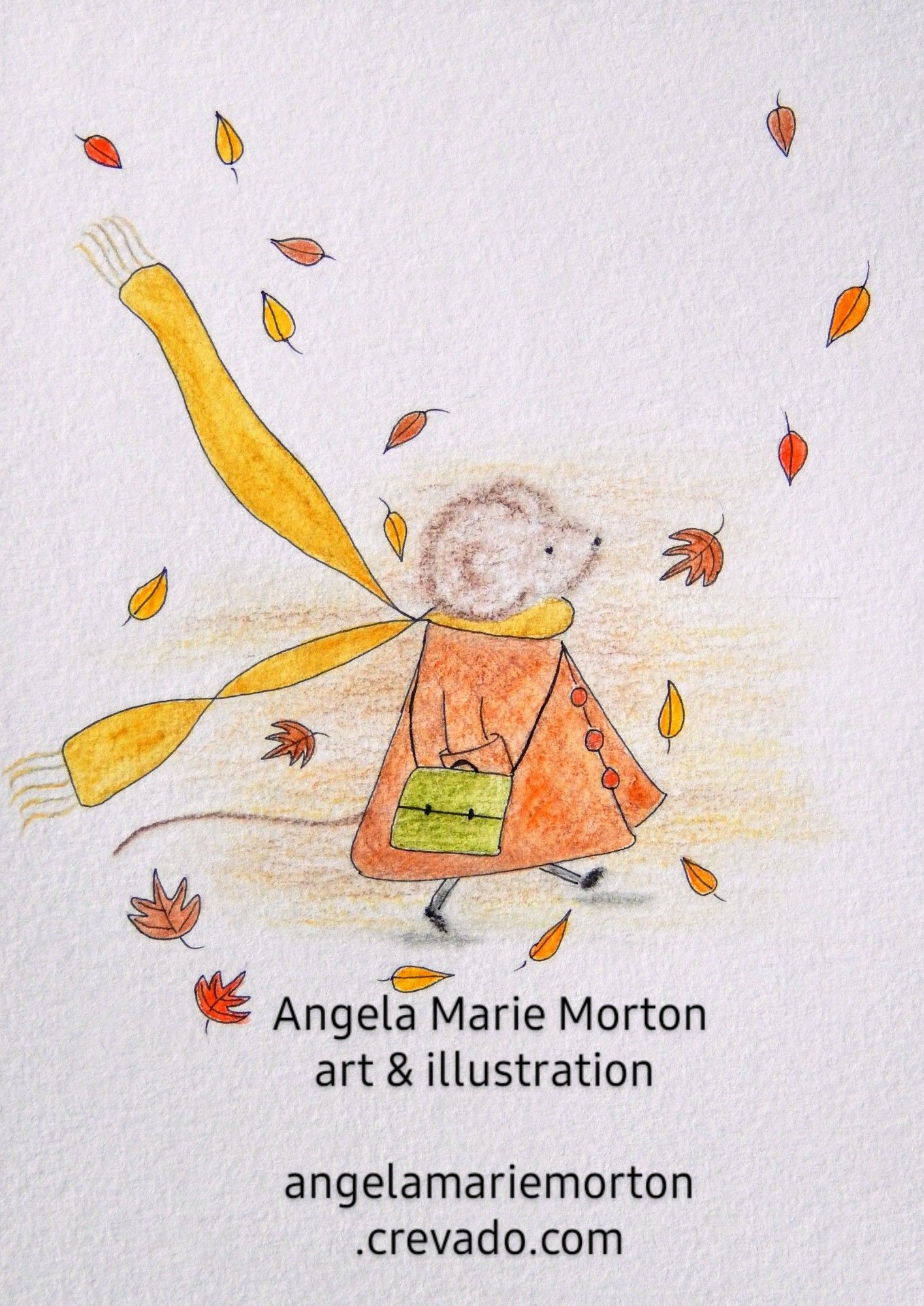 A watercolor drawing of a mouse wearing an orange coat, tan scarf, and green satchel, walking through blowing, fall-colored leaves. My portfolio info is at the bottom.