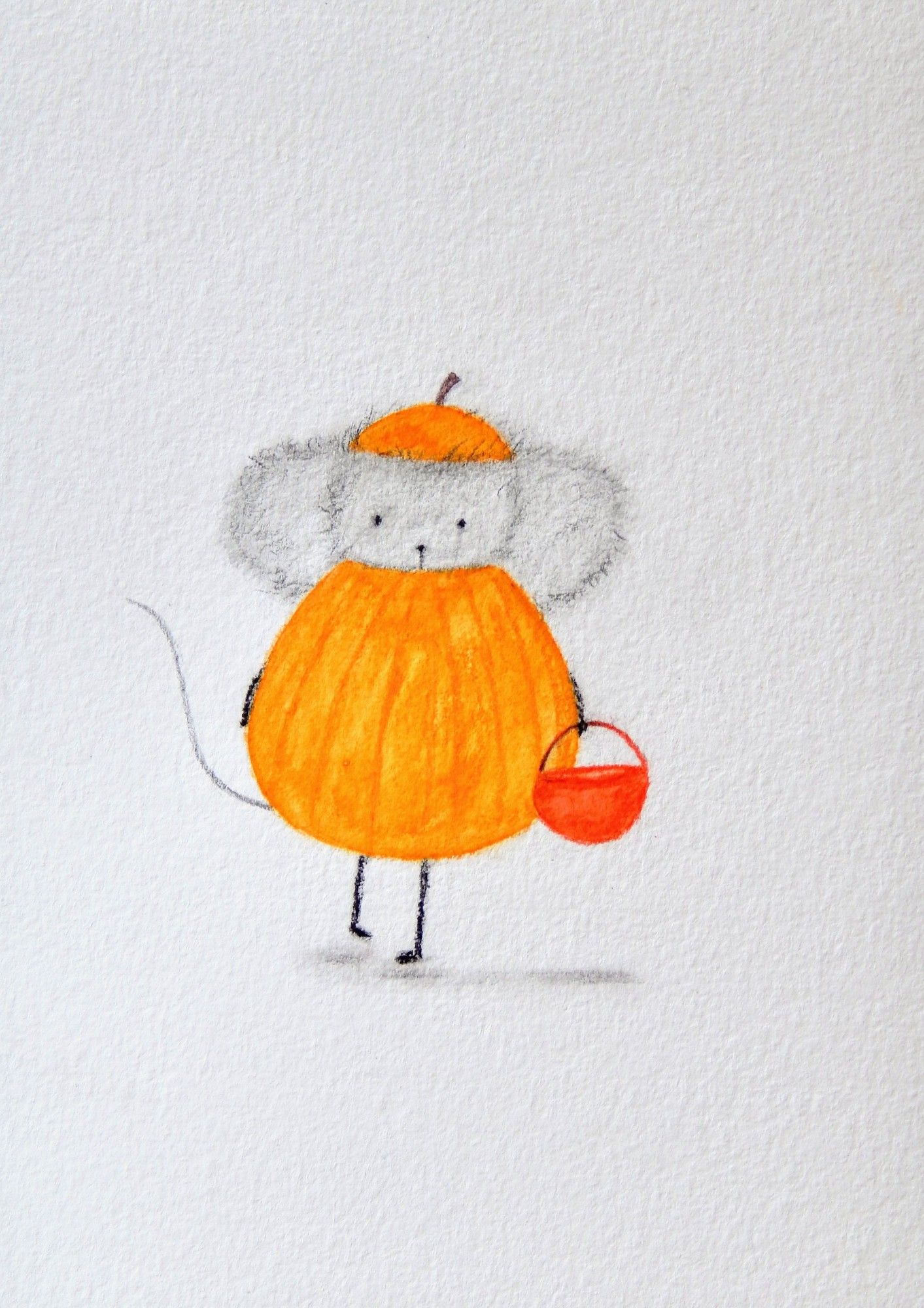 A pencil and watercolor drawing of a shy gray mouse in a pumpkin costume. He is carrying a dark orange basket. Art by me.