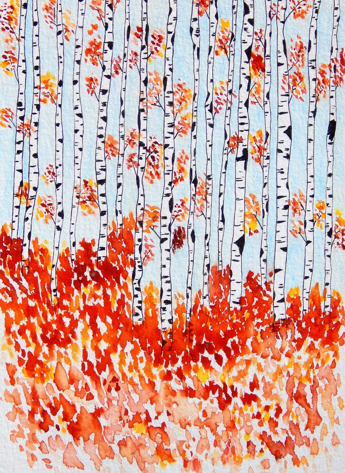 A watercolor of birch trees in autumn. Done by me, with Chinese watercolors and pen.