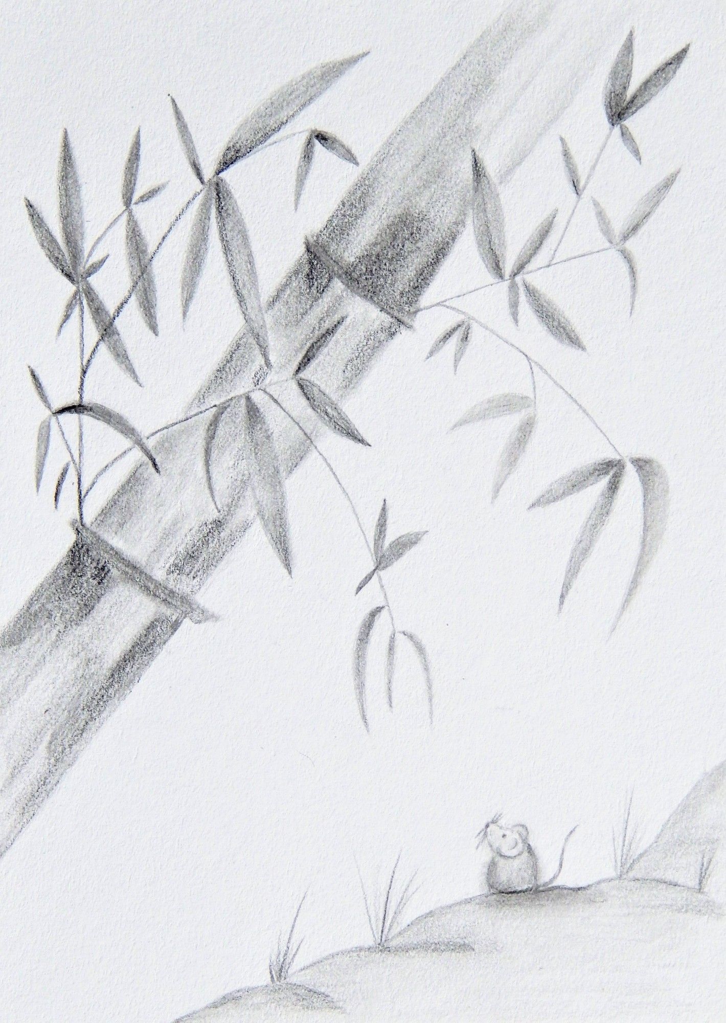 A pencil drawing of mine featuring a bamboo stalk with leaves and a mouse sitting on the grassy ground underneath it.