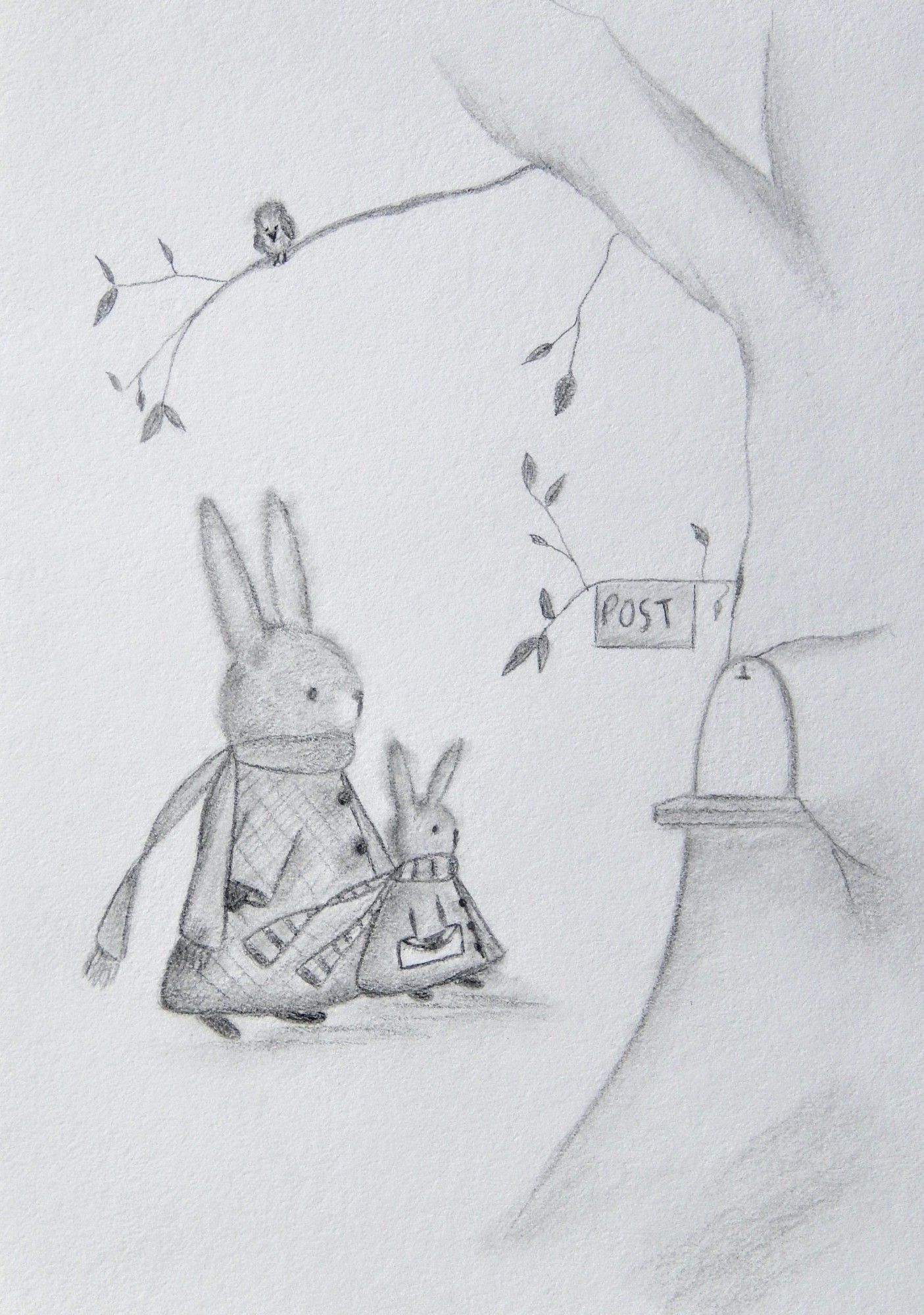 A pencil drawing I did of two bunnies in coats and scarves walking to the postbox with a letter. The postbox is in a tree (on the right).