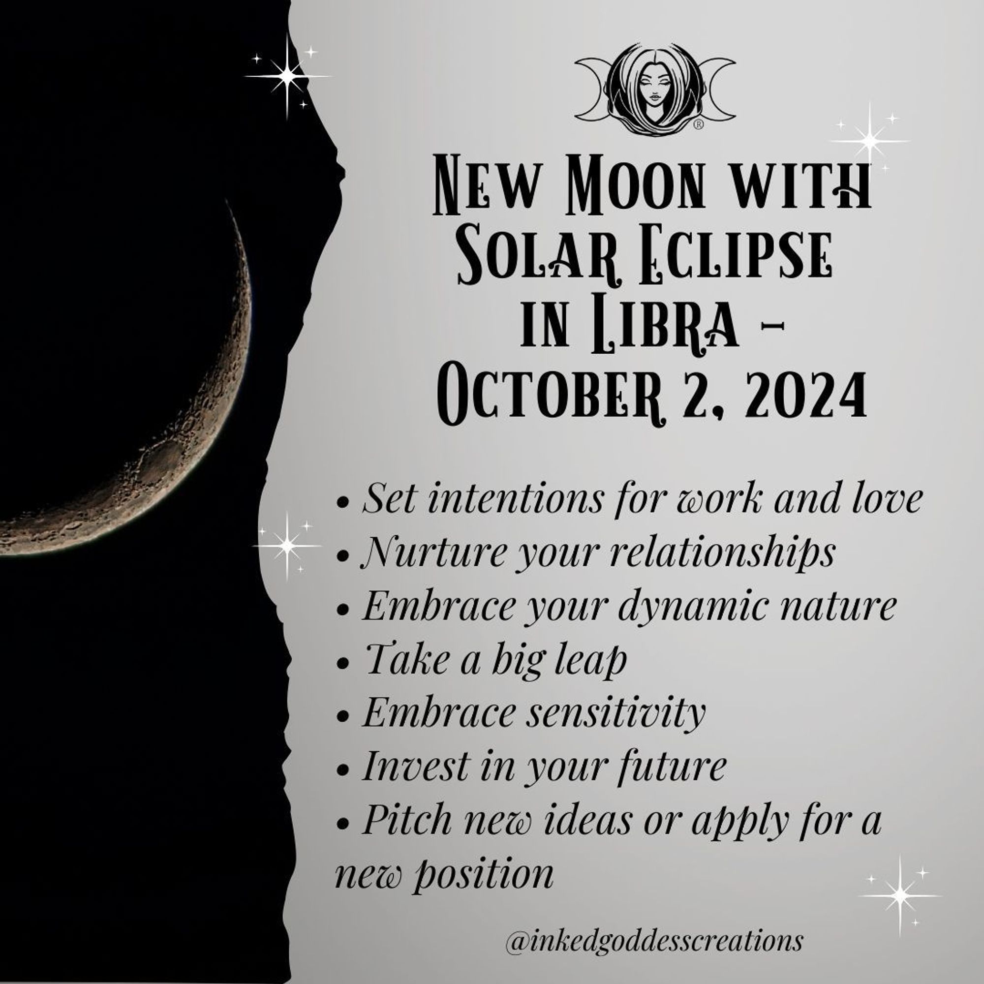 The left third of the image contains a thin waxing crescent moon in a black sky. The rest of the image contains text that describes the energies that will be prominent during the New Moon with Solar Eclipse in Libra on October 2, and how you can work with them. Presented by Inked Goddess Creations.