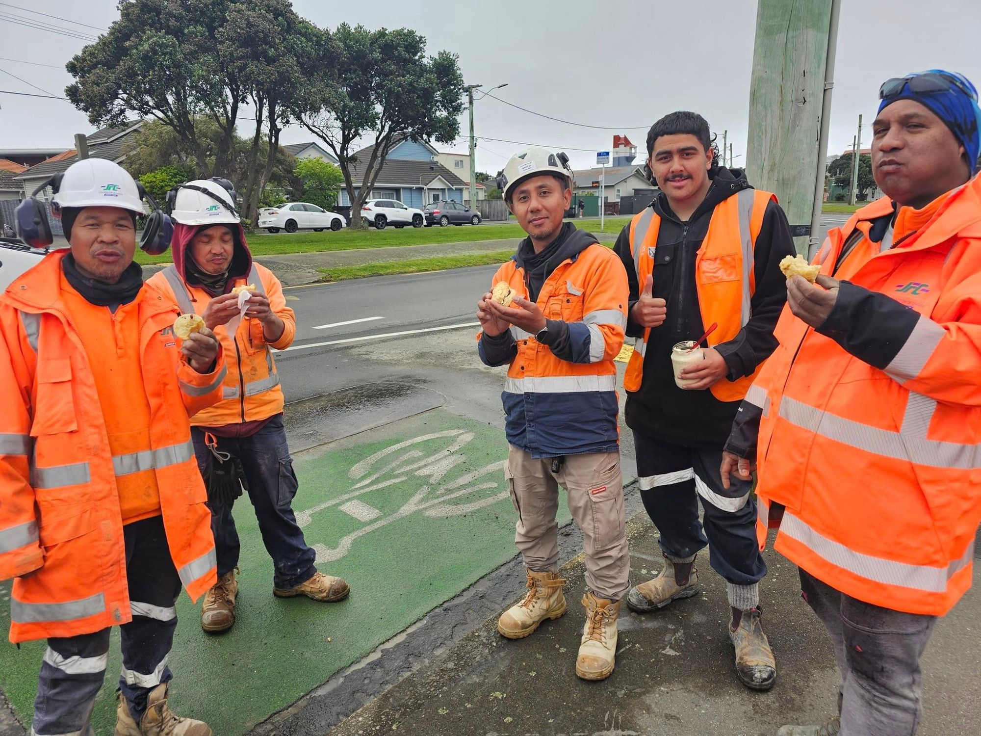 Construction workers, Wellington cycle lanes, enjoy homebaked scones.