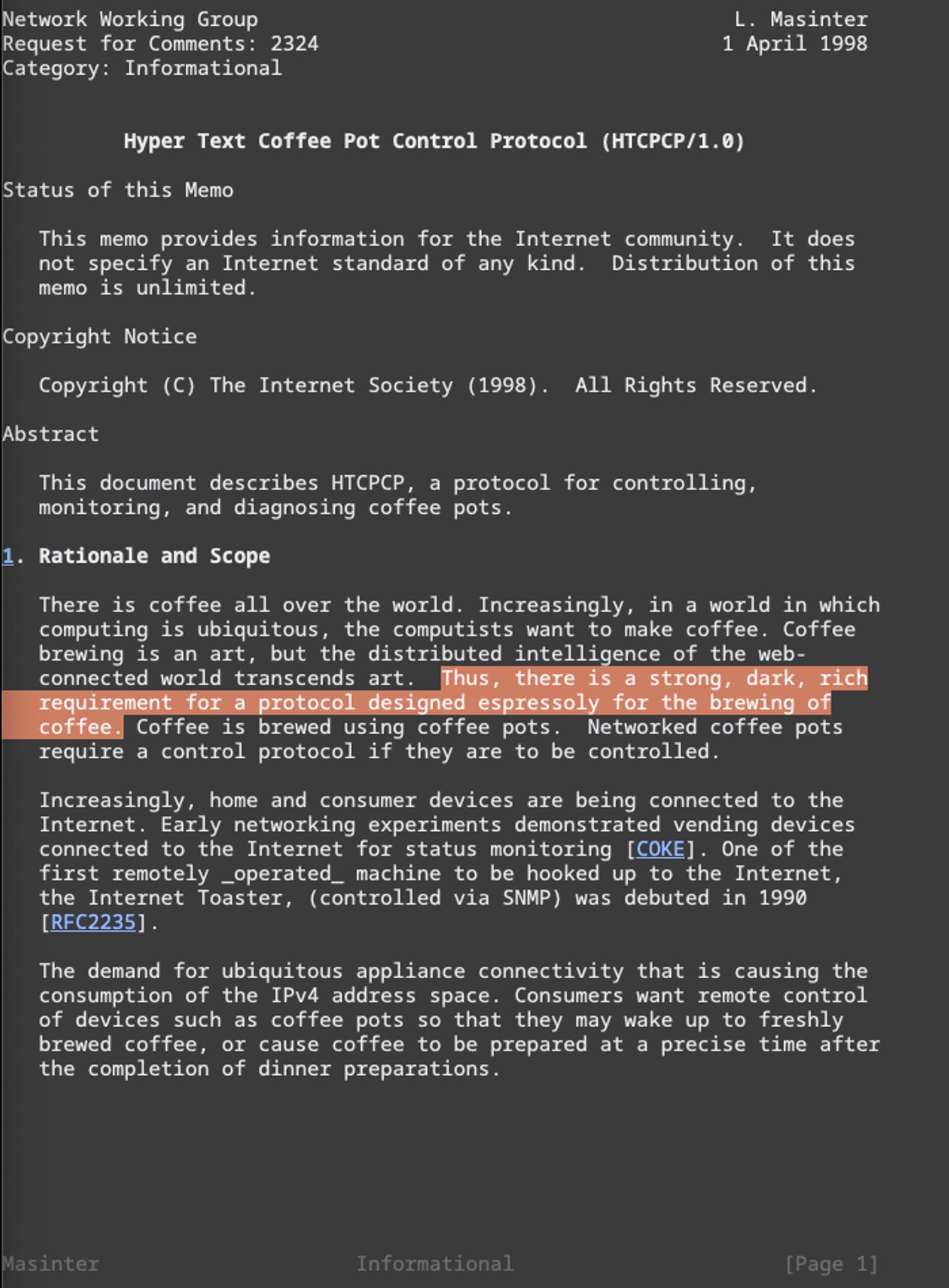 A screenshot of the official documentation for the Hyper Text Coffee Pot Control Protocol (HTCPCP/1.0)