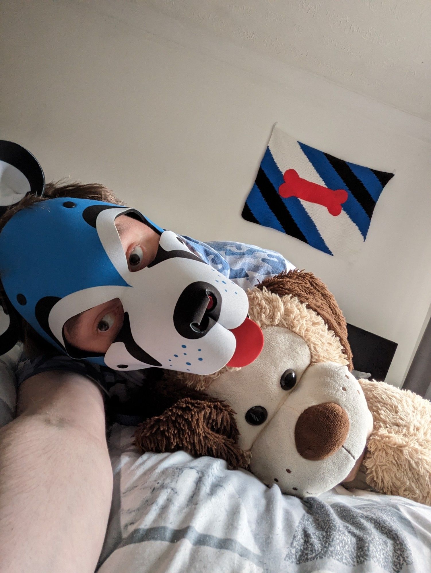 Human pup cuddling his stuffed dog with a puppy pride flag in the background