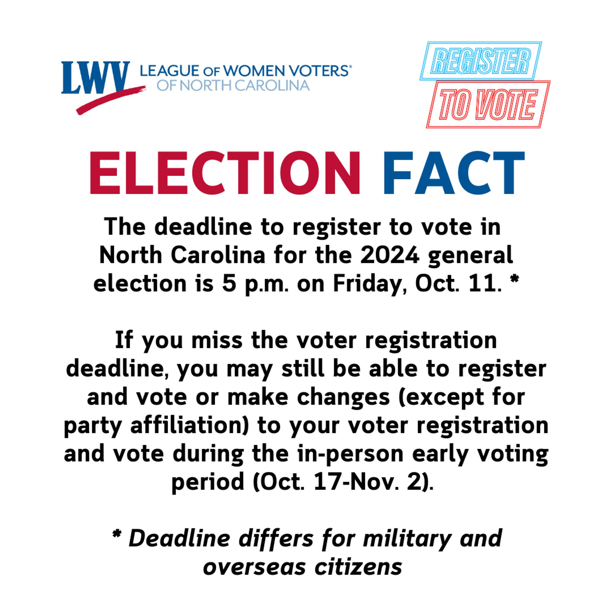 Election Fact. The deadline to register to vote in North Carolina for the 2024 general election is 5 p.m. on Friday, Oct. 11. If you miss the voter registration deadline, you may still be able to register and vote or make changes (except for party affiliation) to your voter registration and vote during the in-person early voting period (Oc. 17-Nov. 2).