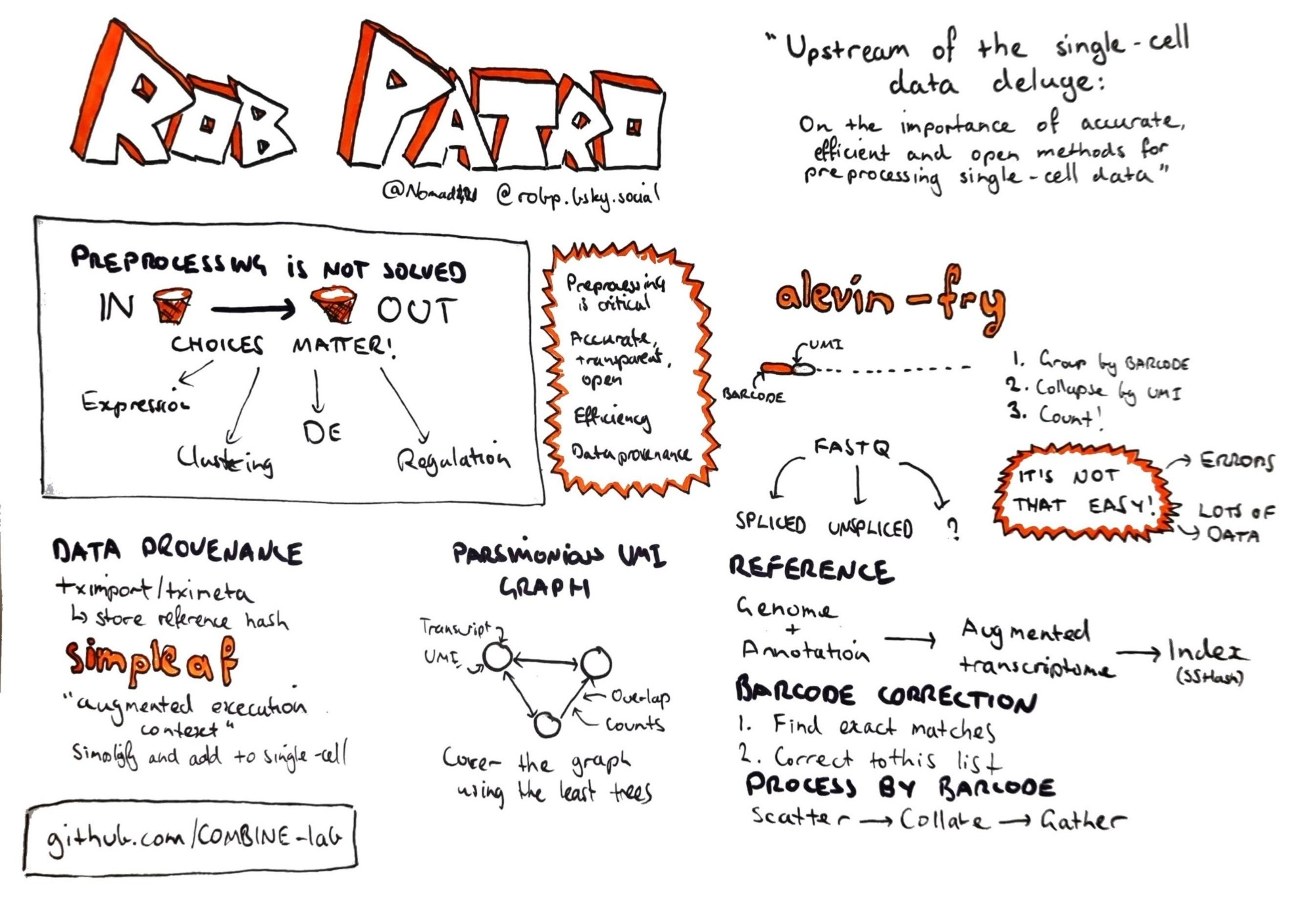 Sketch notes of Rob Patro's keynote at the scverse conference on "Upstream of the single-cell data deluge"