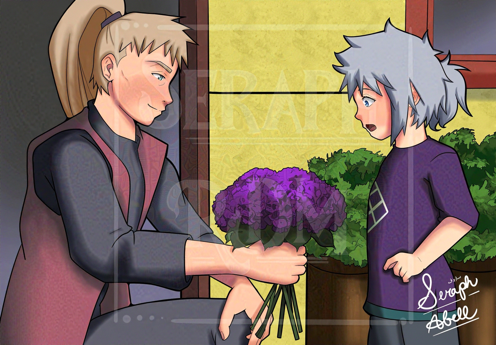 A drawing of Inoichi handing a tiny Tsukiya a bouquet of hydrangeas. Tiny Tsukiya is shocked and also excited. She is just adorable.