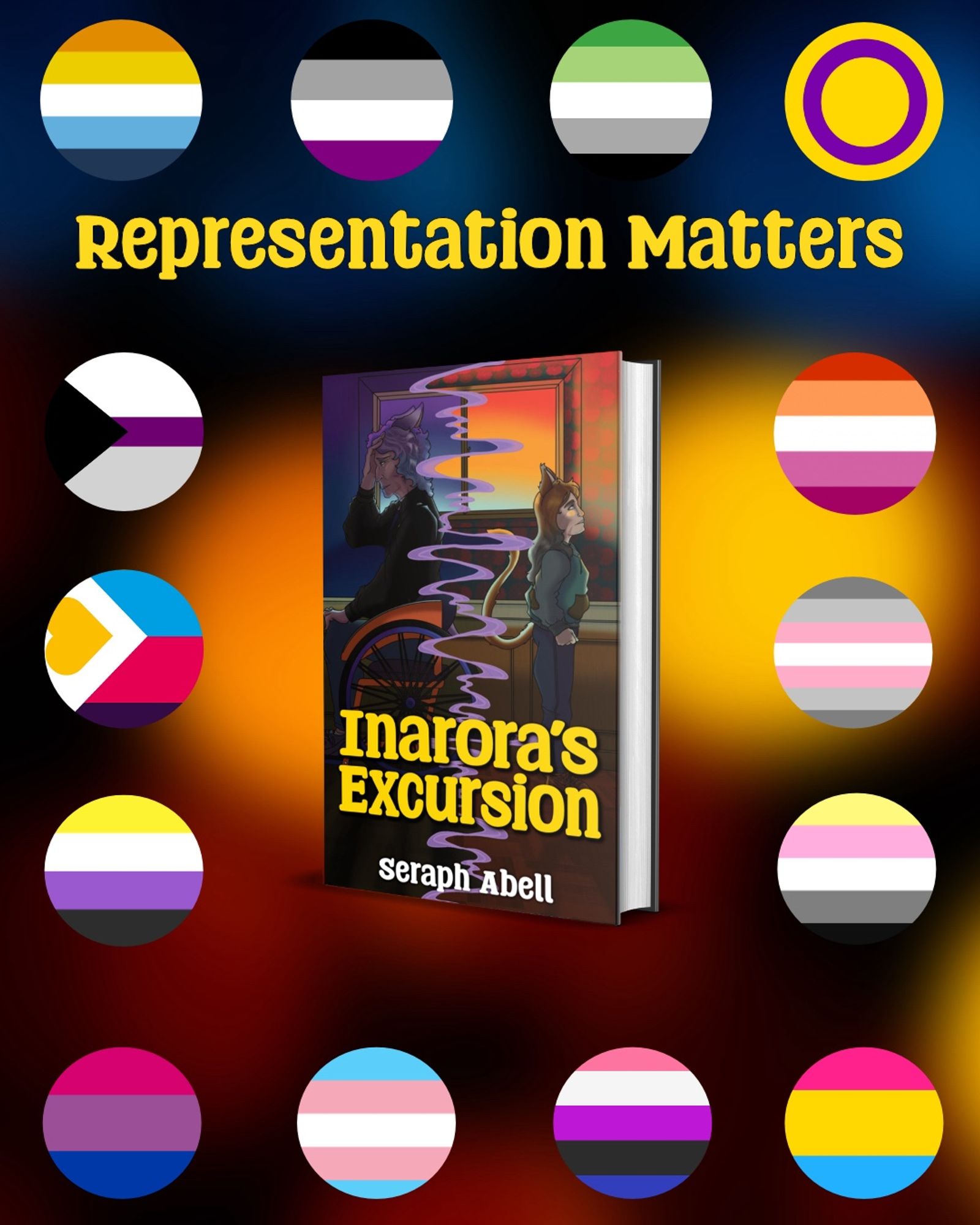 A graphic featuring the cover of Inarora’s Excursion and 14 queer identity flags: aroace, asexual, aromantic, intersex, demisexual, polyamory, demigirl, queerplatonic, nonbinary, bisexual, transgender, pansexual, genderfluid, and lesbian.