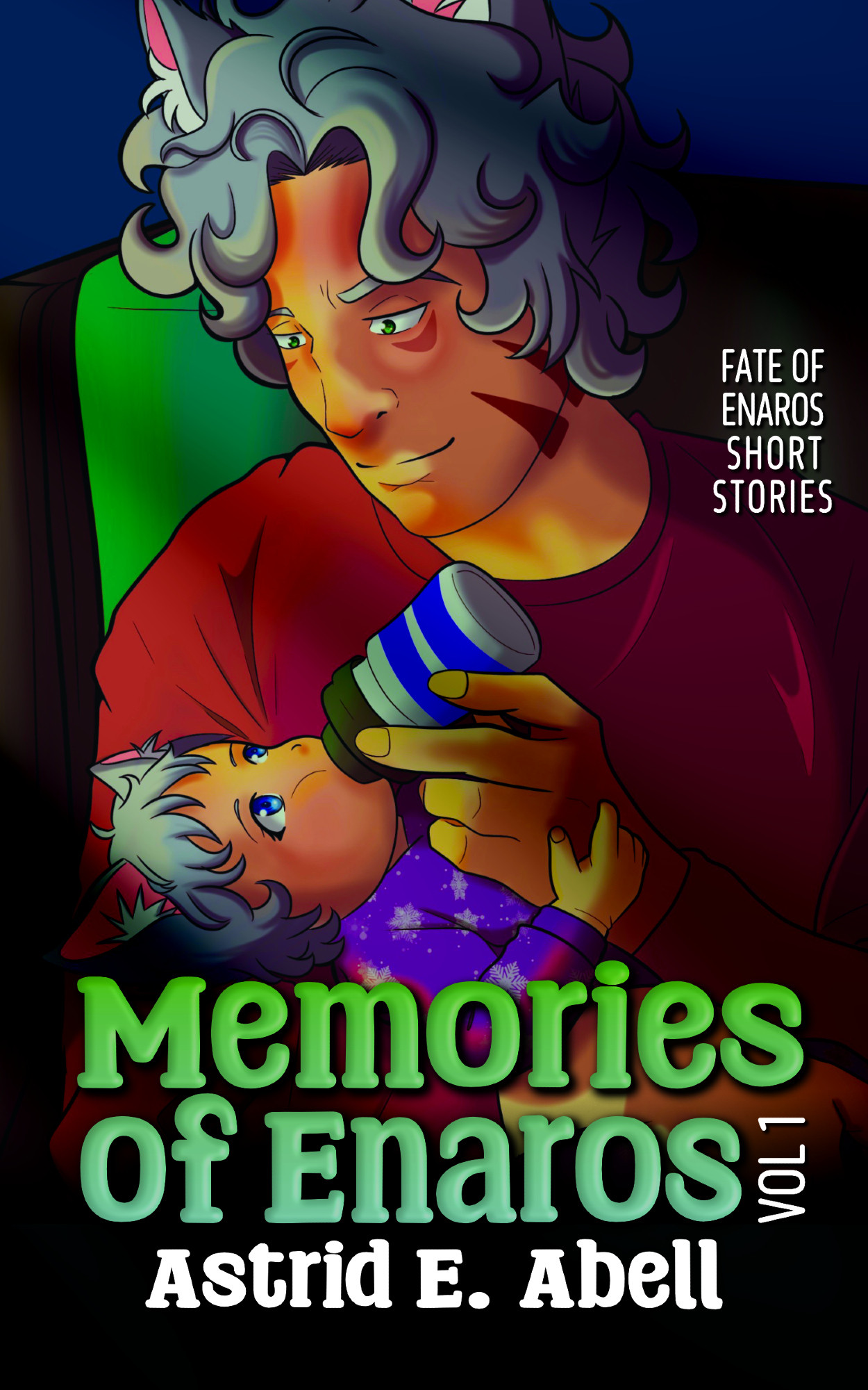 The cover of Memories of Enaros Volume One by Astrid E. Abell, featuring Kaedan bottle feeding a baby Inarora in a chair.