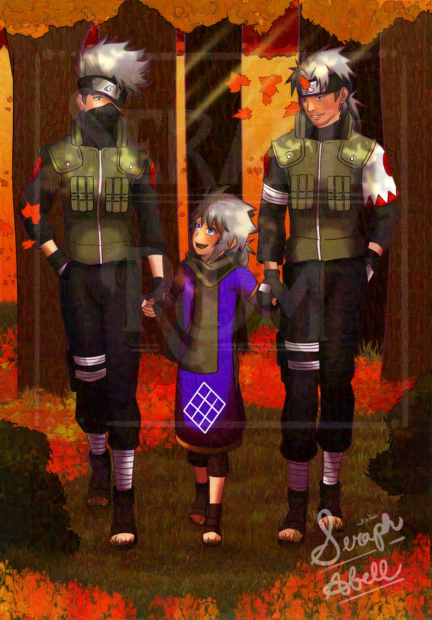 A drawing of Kakashi and Sakumo walking on either side of Tsukiya holding her hand and under fall trees