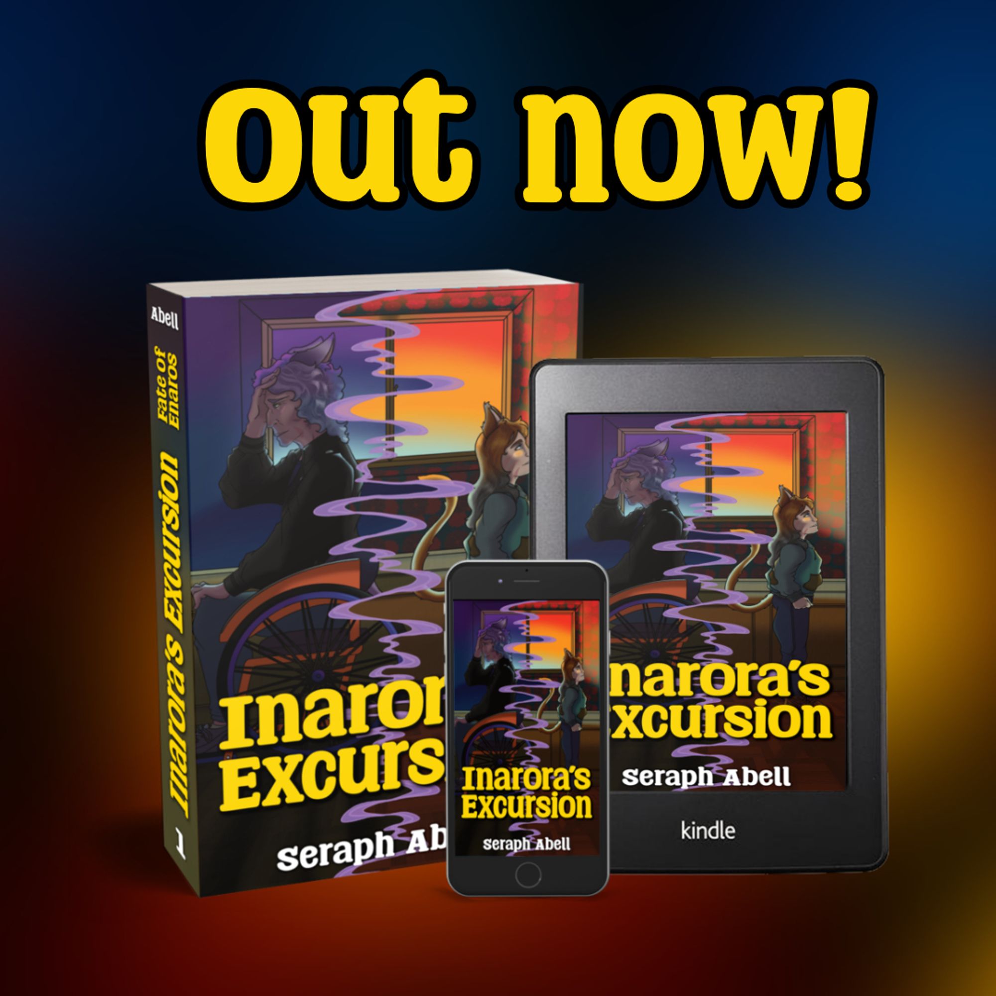 A graphic featuring a book, a kindle, and a phone with the cover for Inarora's Excursion, and it says "out now!"