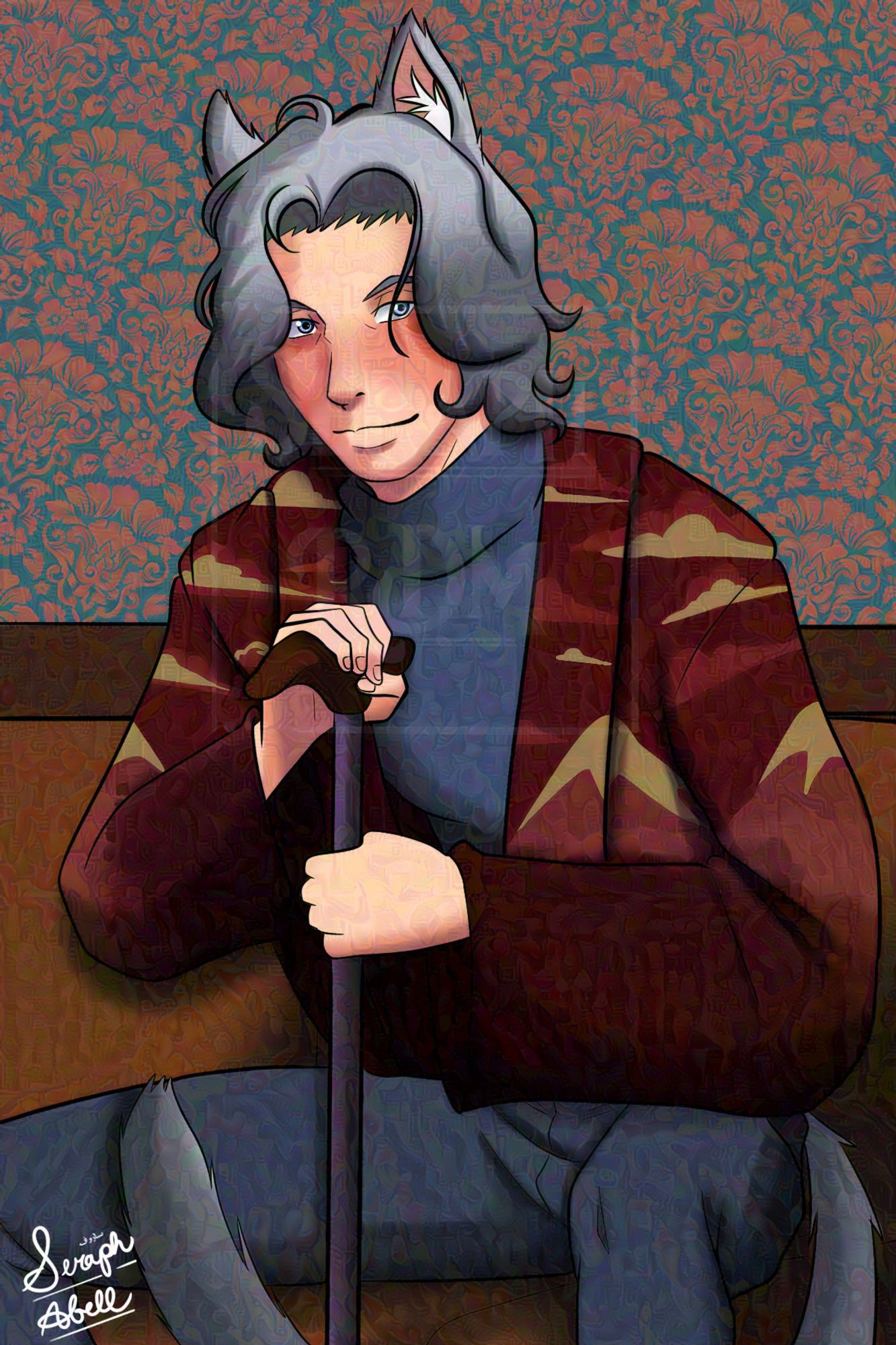 A portrait of Lysander sitting with his cane