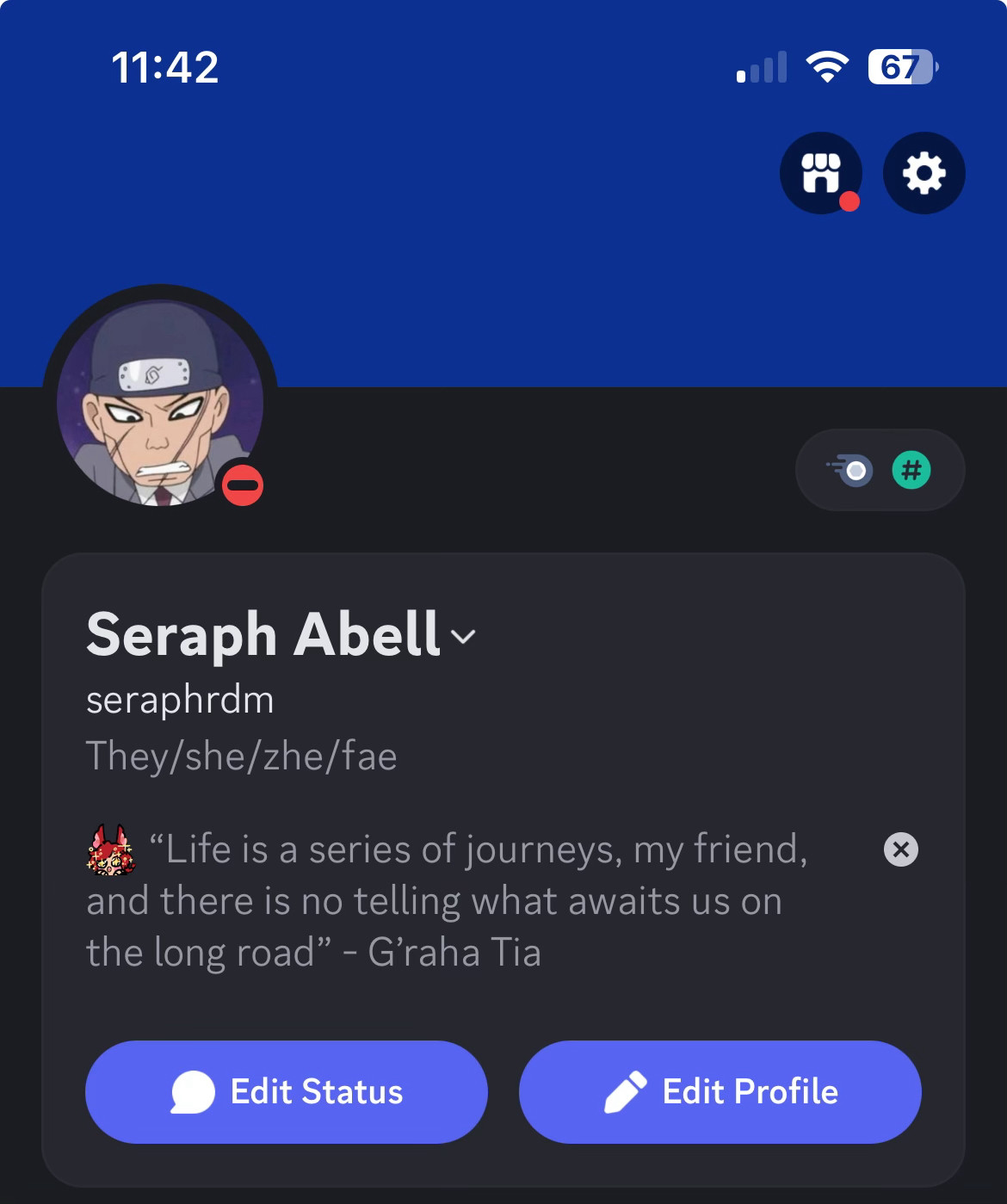 A screenshot of Seraph’s discord featuring an angry chibi Ibiki and a quote from G’raha Tia: “Life is a series of journeys, my friend, and there is no telling what awaits us on the long road” - G’raha Tia