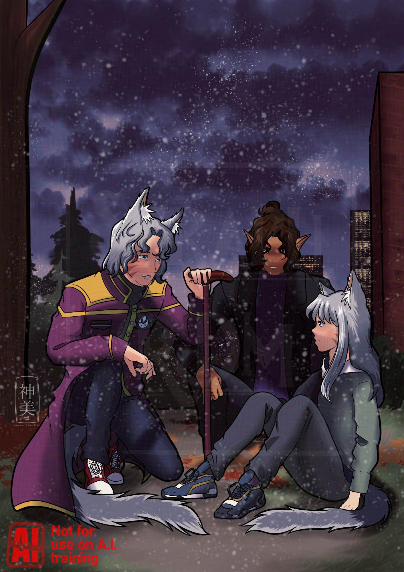 A drawing of Lysander, Seri, and Inarora meeting for the first time. Inarora's on her butt and her grandfathers are knelt and crouched beside her, looking on with worry.